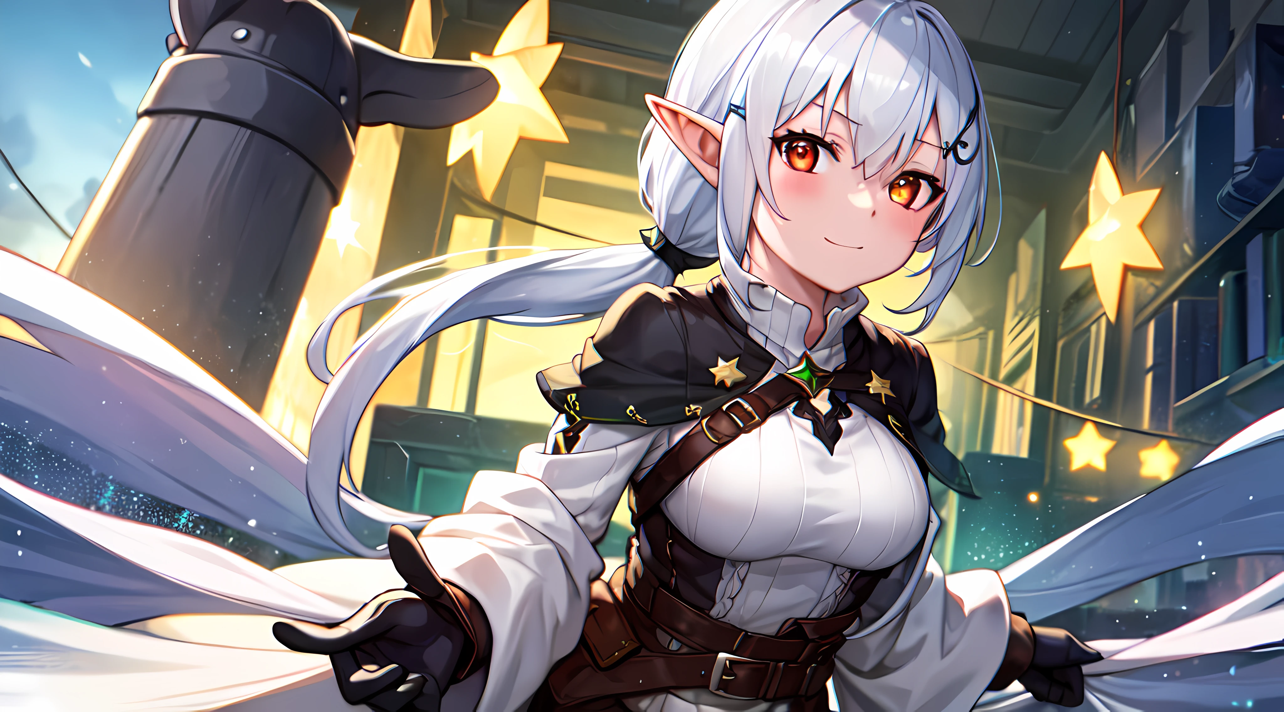 one girl, white color hair, yellow color eye, elf, medium breast, long ponytail hairstyle, adventure theme, looking at the star