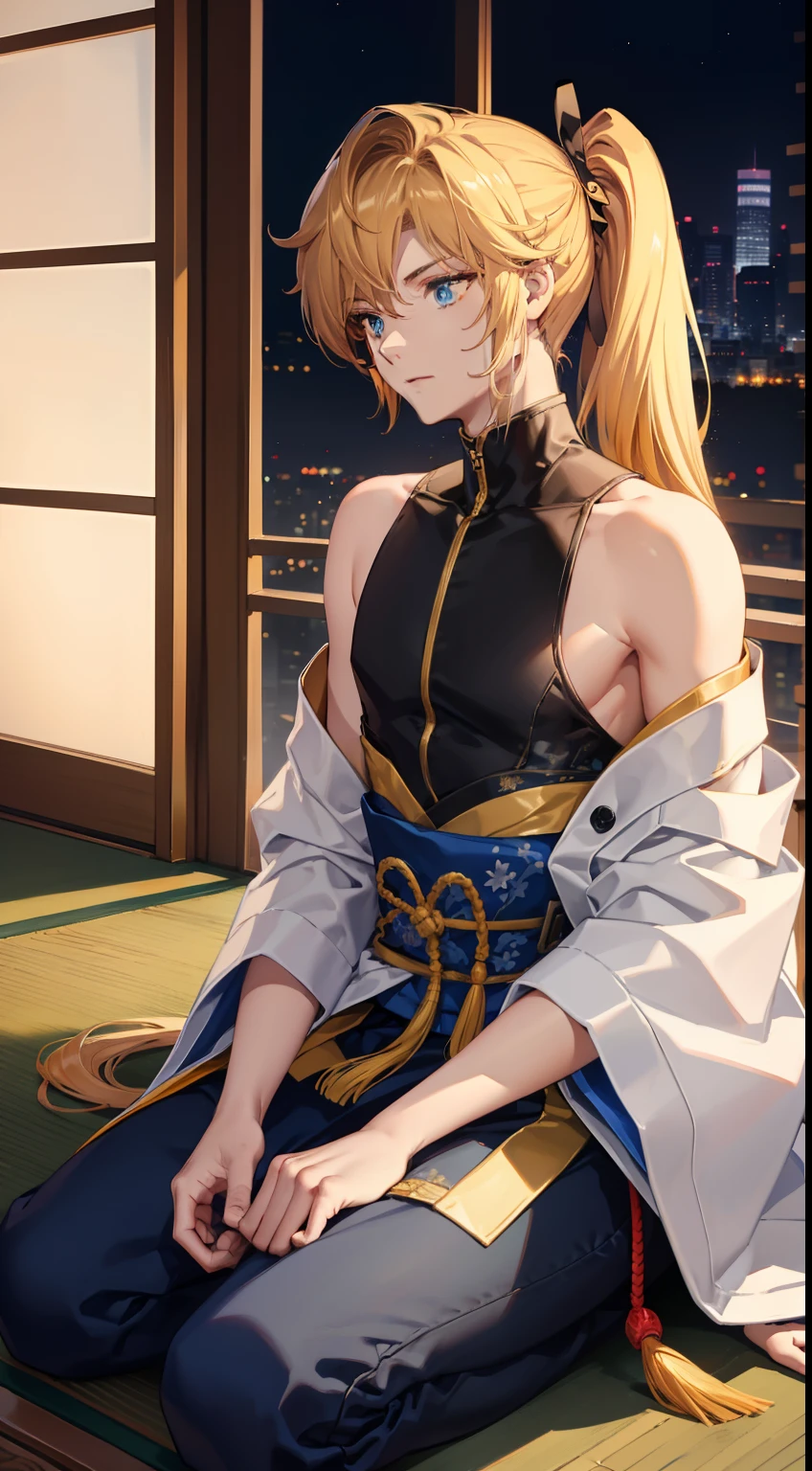 1man,Masculinity,Golden hair,pony tails,blue color eyes,No bra,A Japanese-style room,Sitting,deep in the night