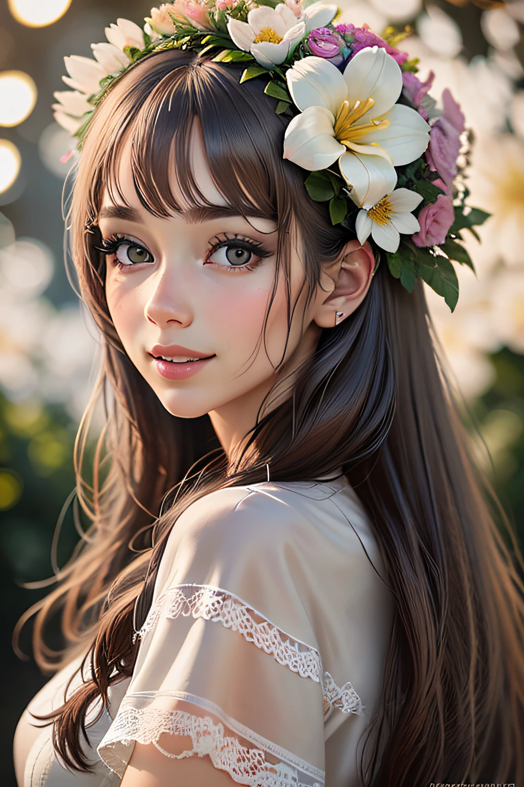 (best quality,4k,8k,highres,masterpiece:1.2),ultra-detailed,(realistic,photorealistic,photo-realistic:1.37),long brown hair,beautiful detailed eyes,beautiful detailed lips,extremely detailed face,long eyelashes,smiling,looking to the side,standing in a flower garden,dressed in a flowing white dress and a crown of flowers on her head,colorful flowers blooming everywhere around her,sunlight shining through the trees,creating a soft and warm atmosphere,vivid colors,soft pastel tones,studio lighting