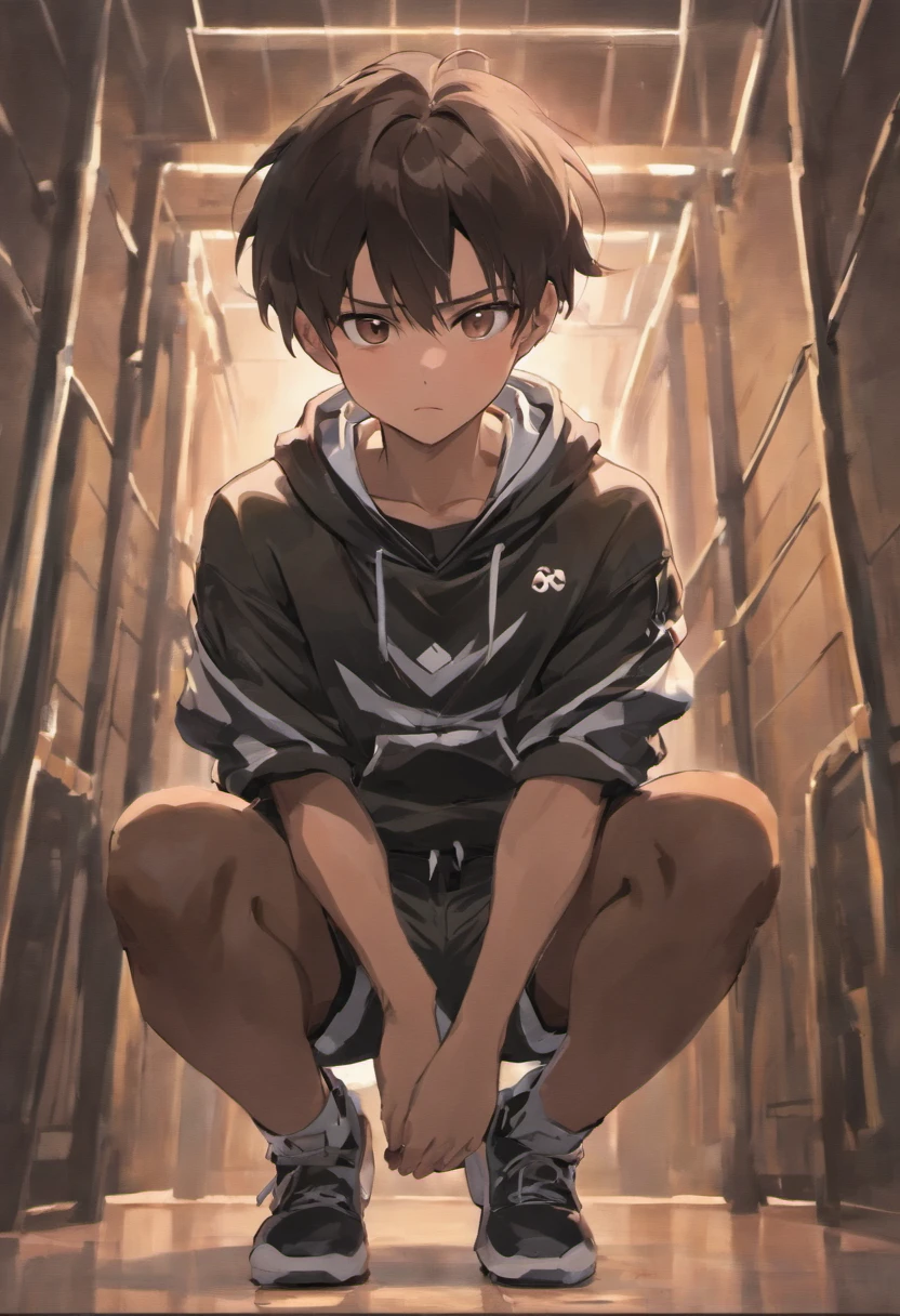 Draw a young and handsome athlete，with short black hair，with brown skin，musculous，Wearing Nike tracksuits，Black  shorts，bare-legged，Tied to a chair