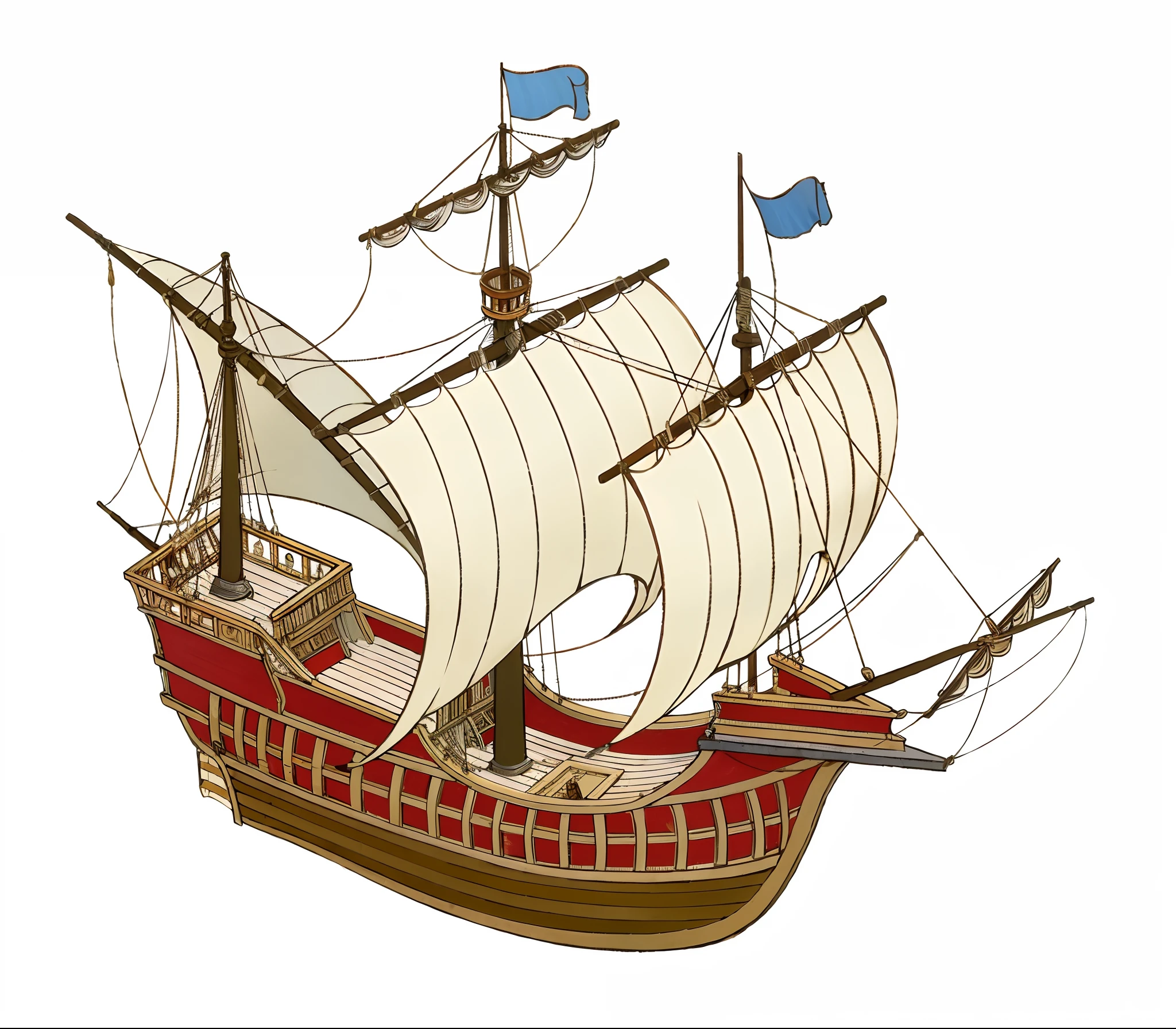 Show the whole and complete Big Carrack ship,The foremast square sail and the main mast square sail and the aft mast triangle sail,There are only three masts in total,Early 16th century,big and very round and very wide hull,The sails have 3 pieces, 63 feet long,20 feet wide,10.5 feet wide. The boat is characterized by being strong enough、Spacious enough for crew accommodation, 200 tons。The hull is stocky and very round,The side of the ship is high。It has a stern tower。