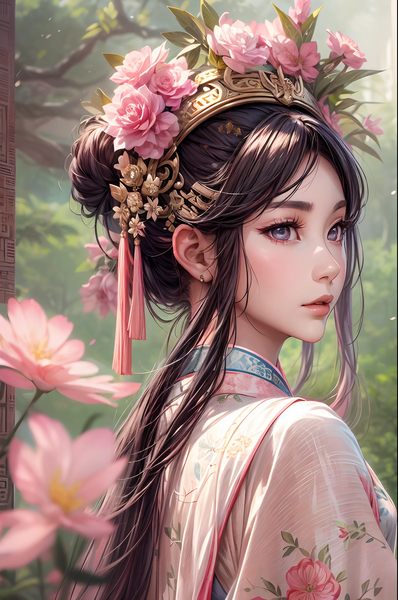 araffe woman in a pink dress with a flower crown on her head, a colorized photo inspired by Lan Ying, trending on cg society, realism, hanfu, palace ， a girl in hanfu, ancient chinese princess, a beautiful fantasy empress, ancient china art style, ancient asian dynasty princess, chinese empress, white hanfu, chinese princess,looking down,