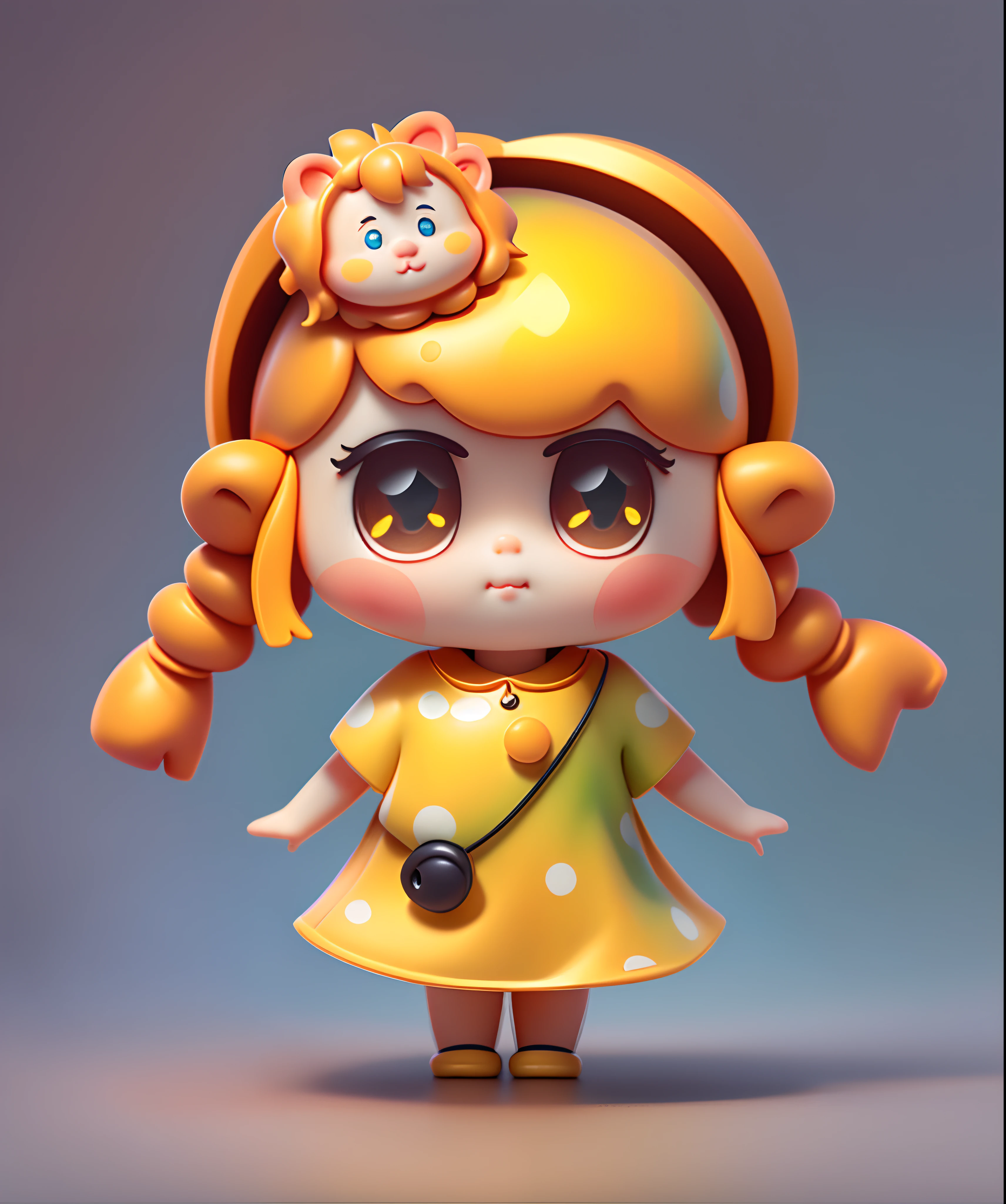 Blind box toy style,A cute little girl,cute  face,orange color hair,Yellow polka-dot skirt，Lion hair ornaments，dual horsetail