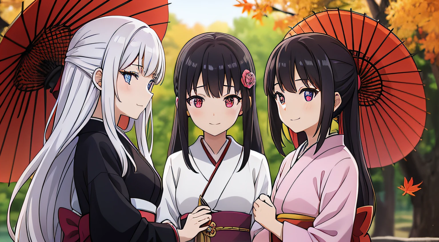 3 girls go to the fuji kawaguchiko autumn festival, wearing kimonos, best quality ,highly detailed, masterpiece, ultra-detailed, one is looking at the falling autumn leaves, the other two are talking, laughing with each other, one a person with iridescent blue eyes, long white hair, holding a traditional Japanese umbrella, a person with blue-violet eyes, long light pink hair tied with a flower-shaped hairpin, a person with harmonious red eyes, shiny black hair, holding a small hand fan. autumn leaves scene, 4k.