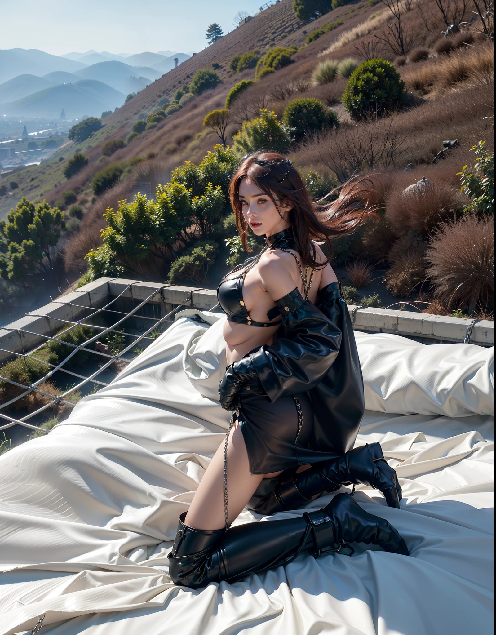 ,((Wearing a torn sheer costume of a superheroine)),(, No bra)), Wet , Wet thighs, Beautiful girl with accentuated slender abs: 1.4, ((( tips protruding,  is protruding, The shape of the pubic region is clearly visible)), sixpack abs: 1.4, Bust Botox, Photo, Sharpness, Unique 850 4, Koda850 k portrait camera, F1.6 shots, Ultra-realistic textures, Spectacular light textures, Cinestil 800 Fashion Mechanics, (futuristic sci-fi battle fashion: 1.1), (tied perfectly by chain), Restraint, Slaves, collars, ((wide prison with sunlight)), Dark fantasy, Realistic material details, extreme hight detail, Ultra-realistic materials ((Torn costume))), Wet, Cloudy, (Chained)), ((big emphasized by chains)), ((chains digging into )), ( (Collar)), (, No bra), shredded costumes, broken golden shields and battle spears,, White combat gloves, Combat shoulder armor, Blood splattered on the face, Blood splattered, Realistic, (Bruises, , ripped clothing, skimpy clothing, Blood: 1.3),  Torn Cape, Torn pantyhose, Long legs, ((iron pipe in the )), Metallic  and fetters, ((chains hung from heaven)), Wet  is clearly visible, Swarovski's sword and the  beneath his feet, (futuristic sci-fi battle fashion, Torn mesh stockings),