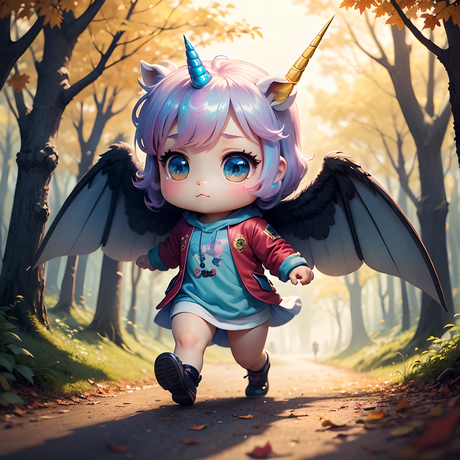 ​masterpiece、top-quality、ultra-detailliert、(Chibi Unicorn:1.2)、Iridescent wings、Fairytale Autumn Forest、intergalactic、Running around