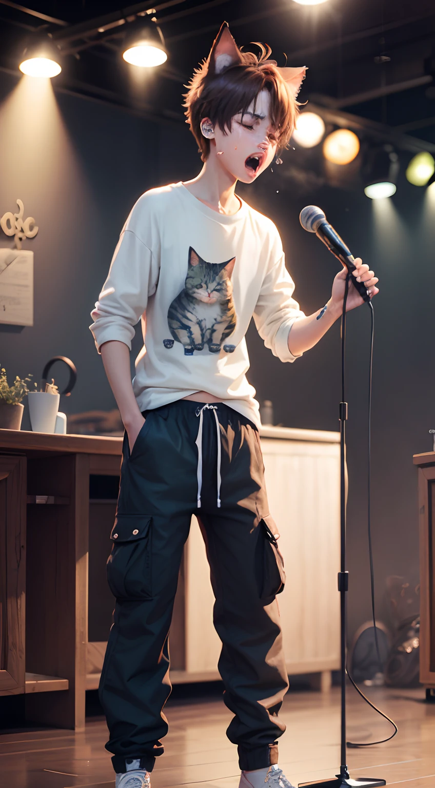 Crying emotional male cute cat standing with stand mic on the stage and singing with baggy pants and shirt show tear drops