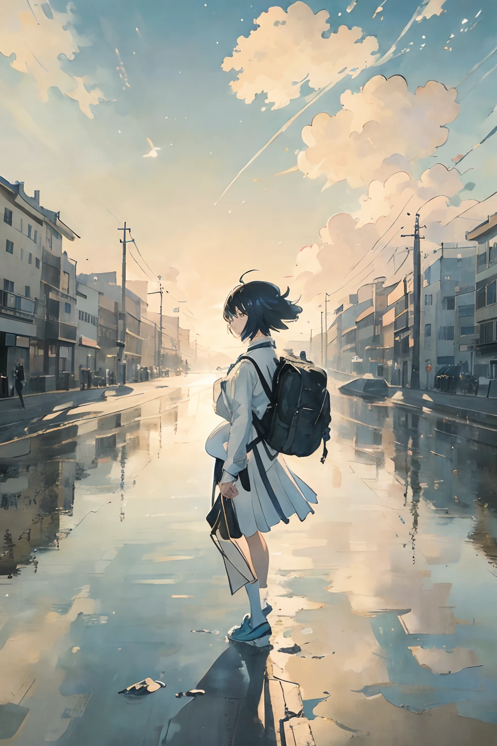 Anime girl walking down the street with backpack, in Makoto Shinkai style, anime cloud, Shinkai Makoto style, Makoto Shinkai Makoto Cyril Rolandor style, cosmic sky. by Makoto Shinkai, Makoto Shinkai Style, Makoto Shinkai. Digital rendering, Makoto Shinkai. Octane rendering, masterpieces, masterpieces, illustrations