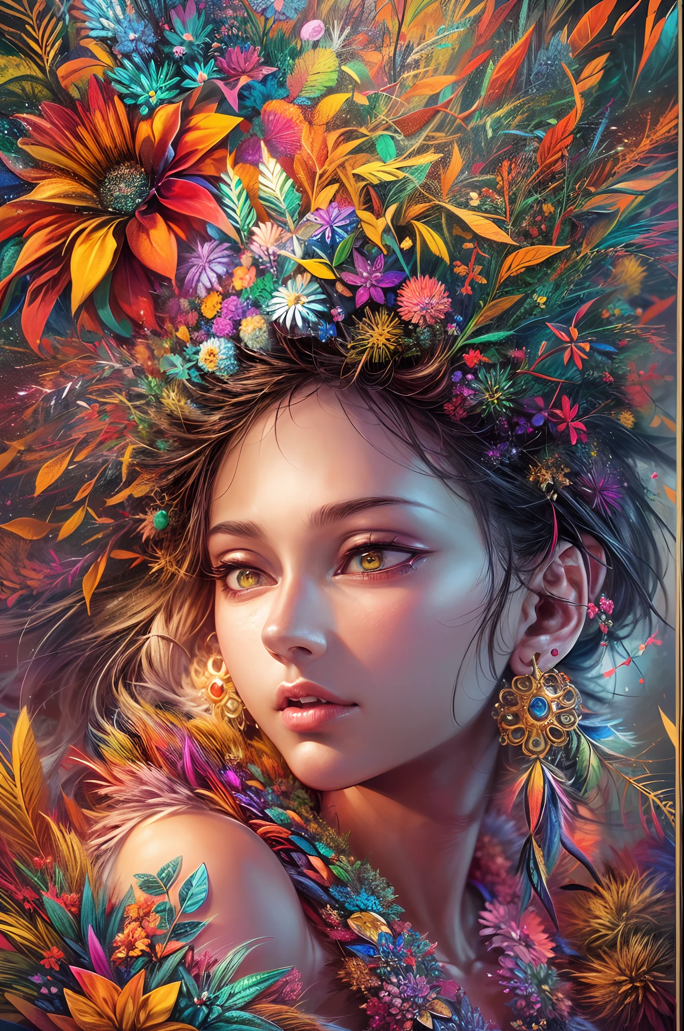 ((fractal art)),((masterpiece,best quality,extremely detailed,ultra high res,detailed background)),(((abstract background))),(1girl),((colorful)),flowers,(shiny skin),((many colors)),(earrings),feathers