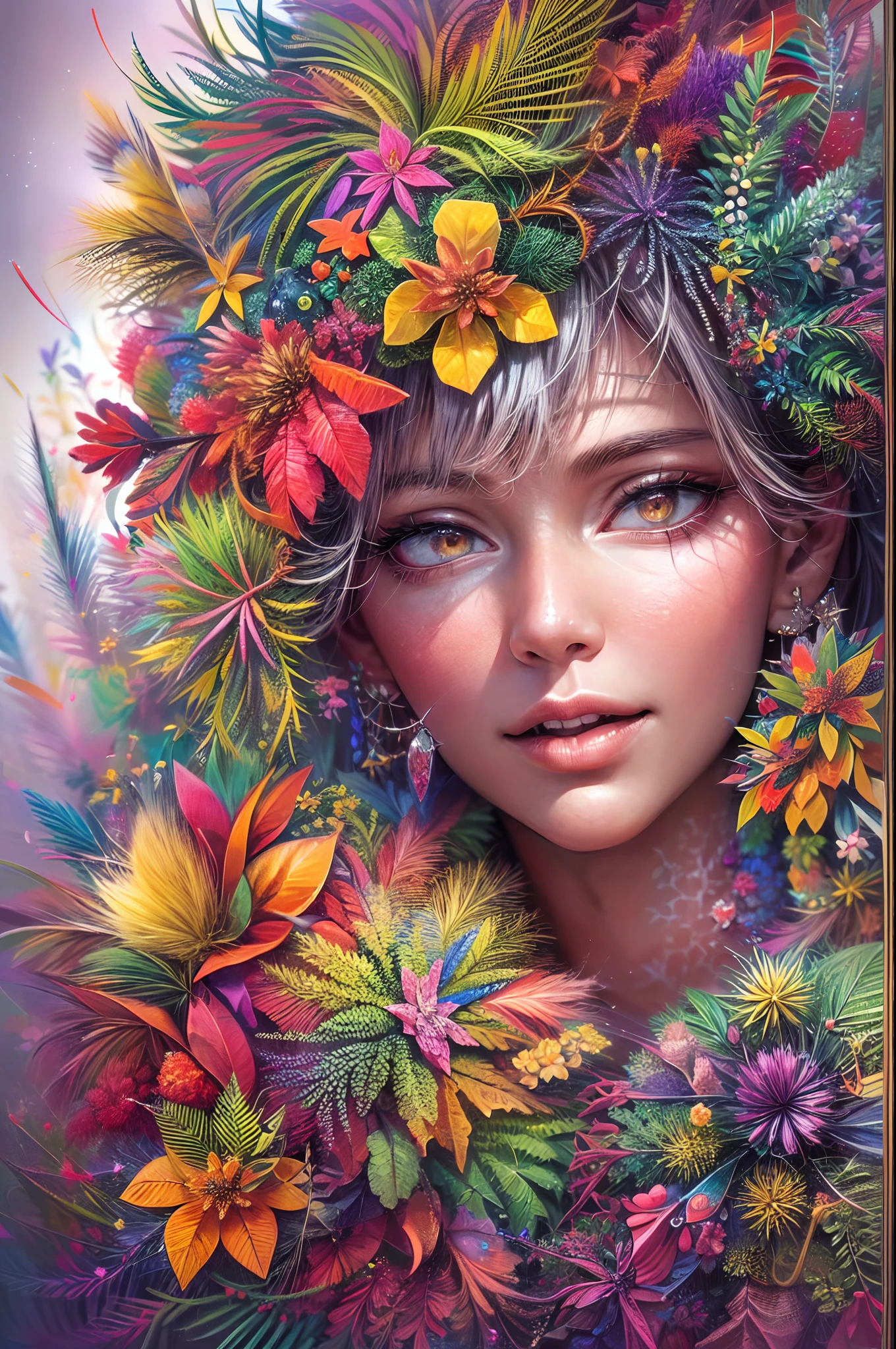 ((fractal art)),((masterpiece,best quality,extremely detailed,ultra high res,detailed background)),(((abstract background))),(1girl),((colorful)),flowers,(shiny skin),((many colors)),(earrings),feathers