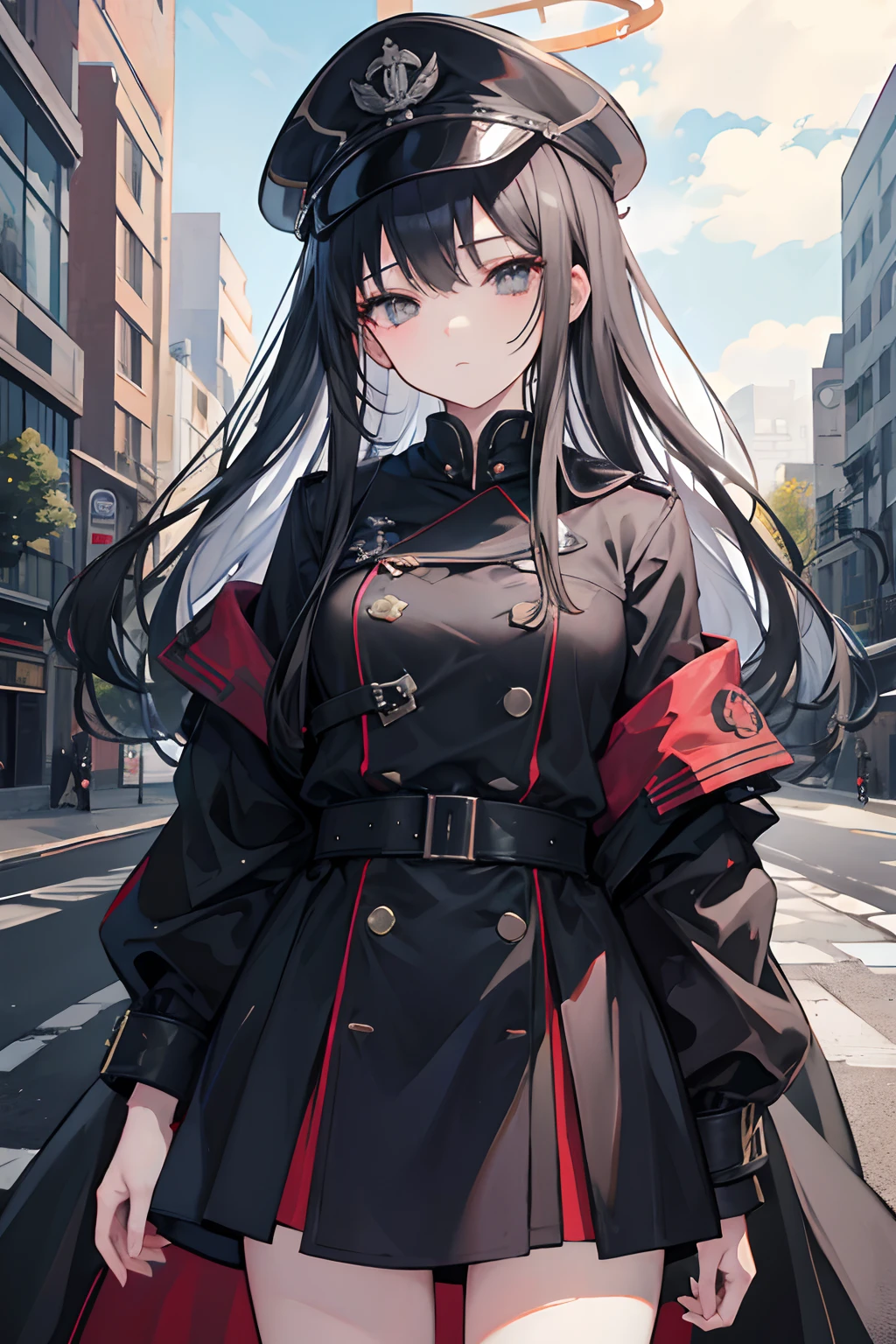 2D、masterpiece、top-quality、extremely detailed eye、extra detailed face、女の子 1 人、独奏、is standing、Black trench coat、banya、Long、military outfits、Hats、grey eyes、Straight face、Straight、Old guns、Circle of Angels、Halo、greyt hair、White armband、full bodyesbian、Semi-auto rifle