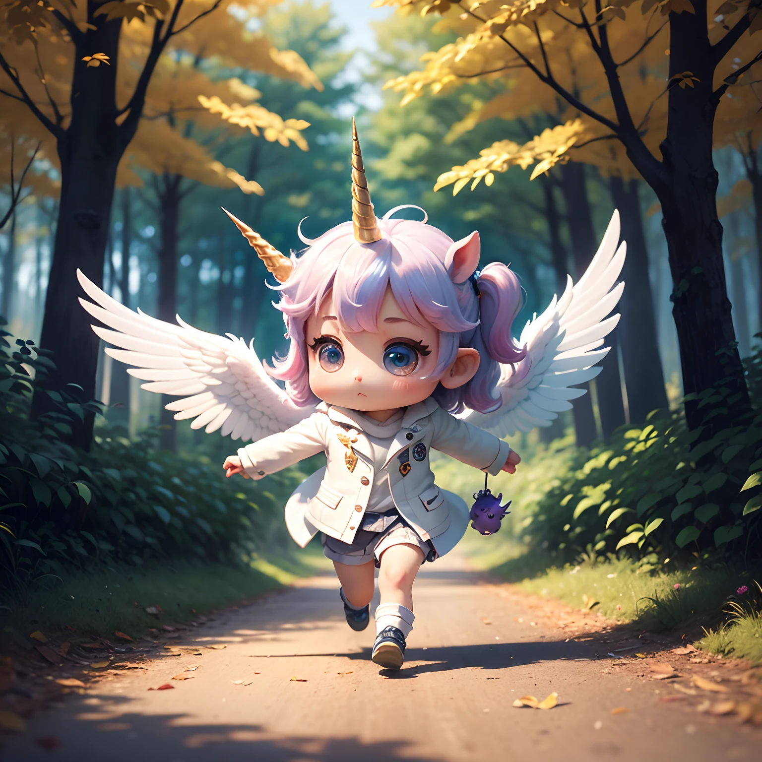 ​masterpiece、top-quality、ultra-detailliert、(Chibi Unicorn:1.2)、Iridescent wings、White coat、Fairytale autumn forest、intergalactic、Running around