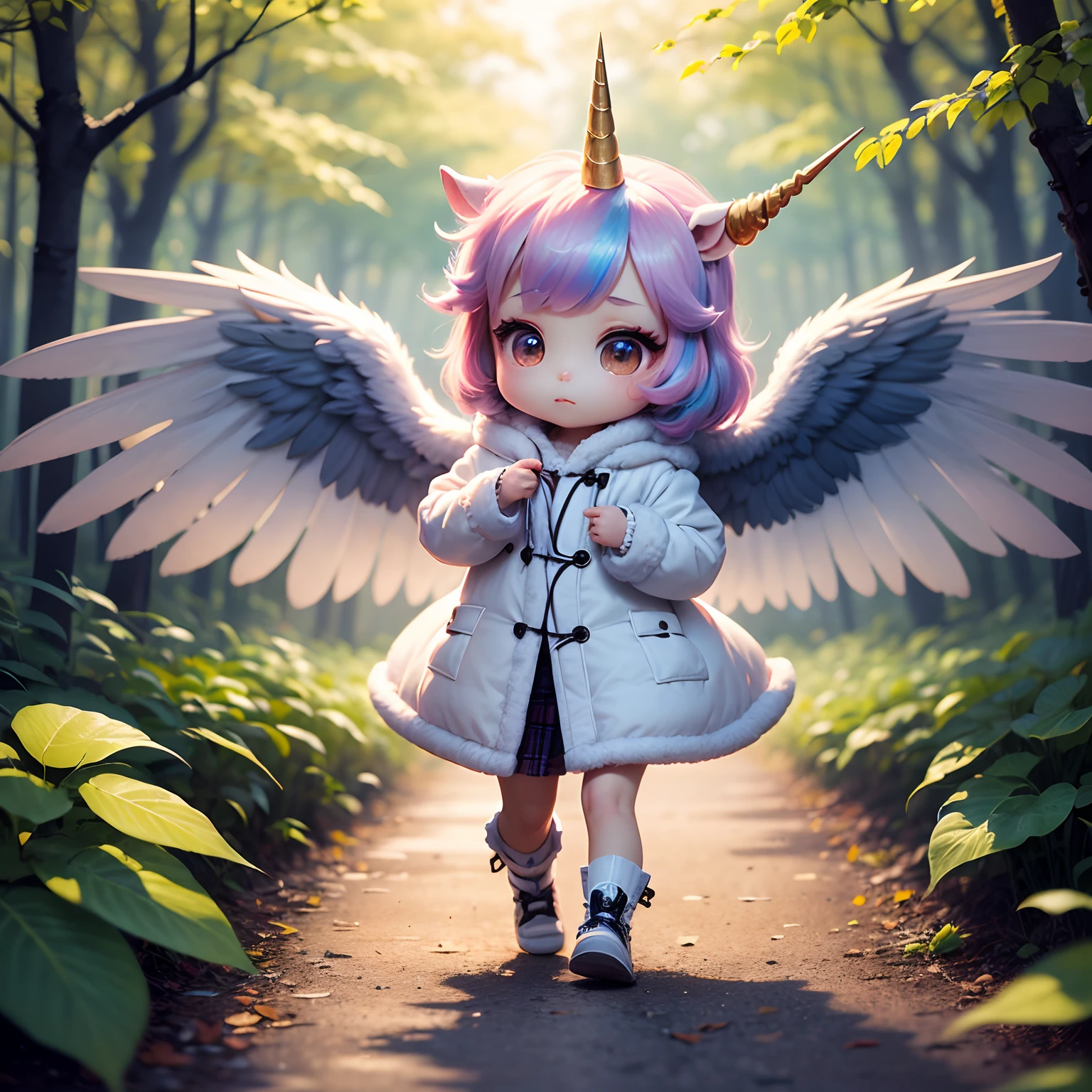 masterpiece、top-quality、ultra-detailliert、(Chibi Unicorn:1.2)、Iridescent wings、White coat、Fairytale autumn forest、intergalactic、Running around