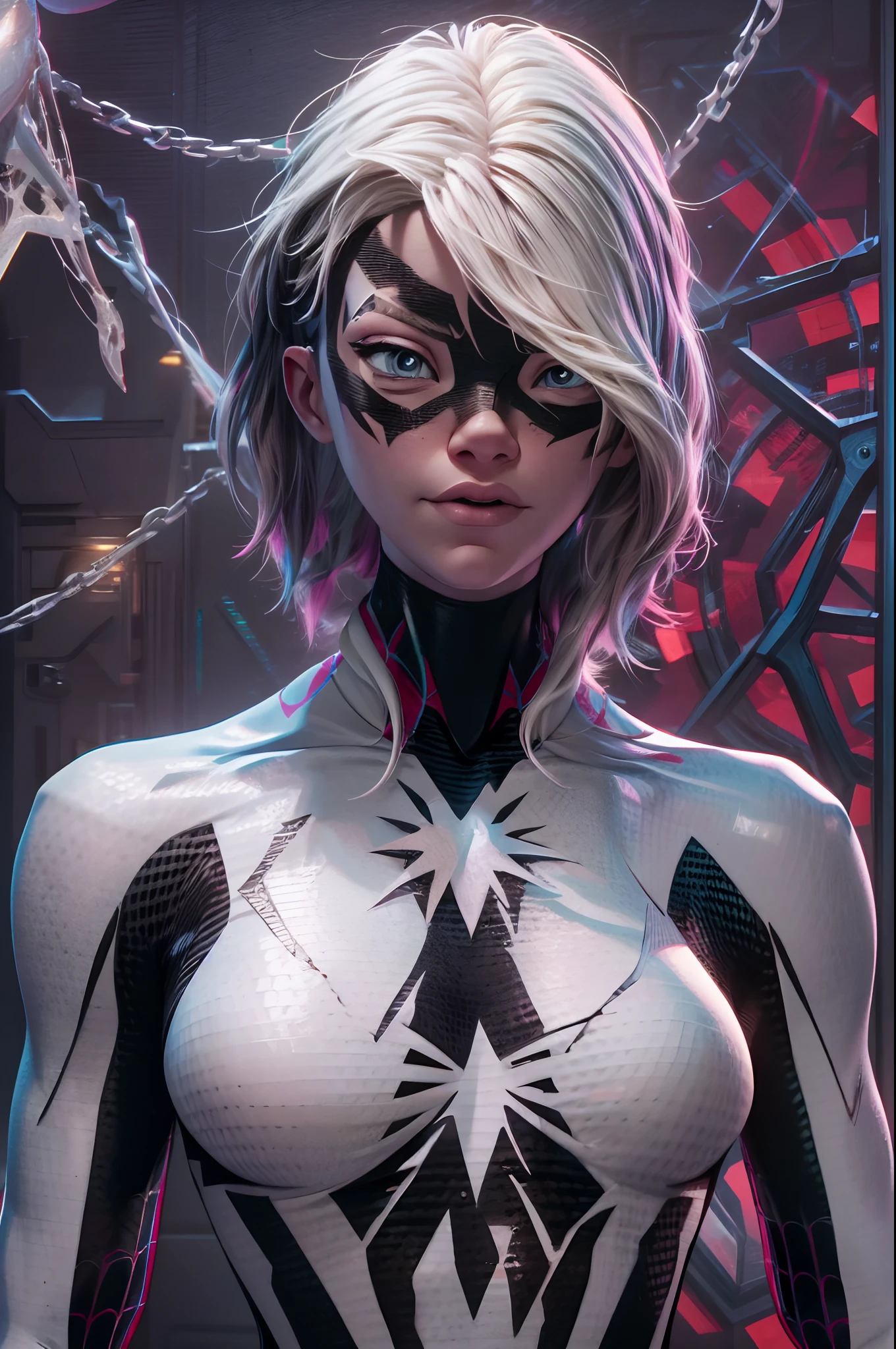 spider Gwen in a black suit with spider in the center of her chest in white, organic looking outfit, gooey forehead, symbiote, white eyes, fine art, ps5 cinematic screenshot,highly detailed detailed cinematic rendering, ultra photorealistic raytricing, with cinematic lighting