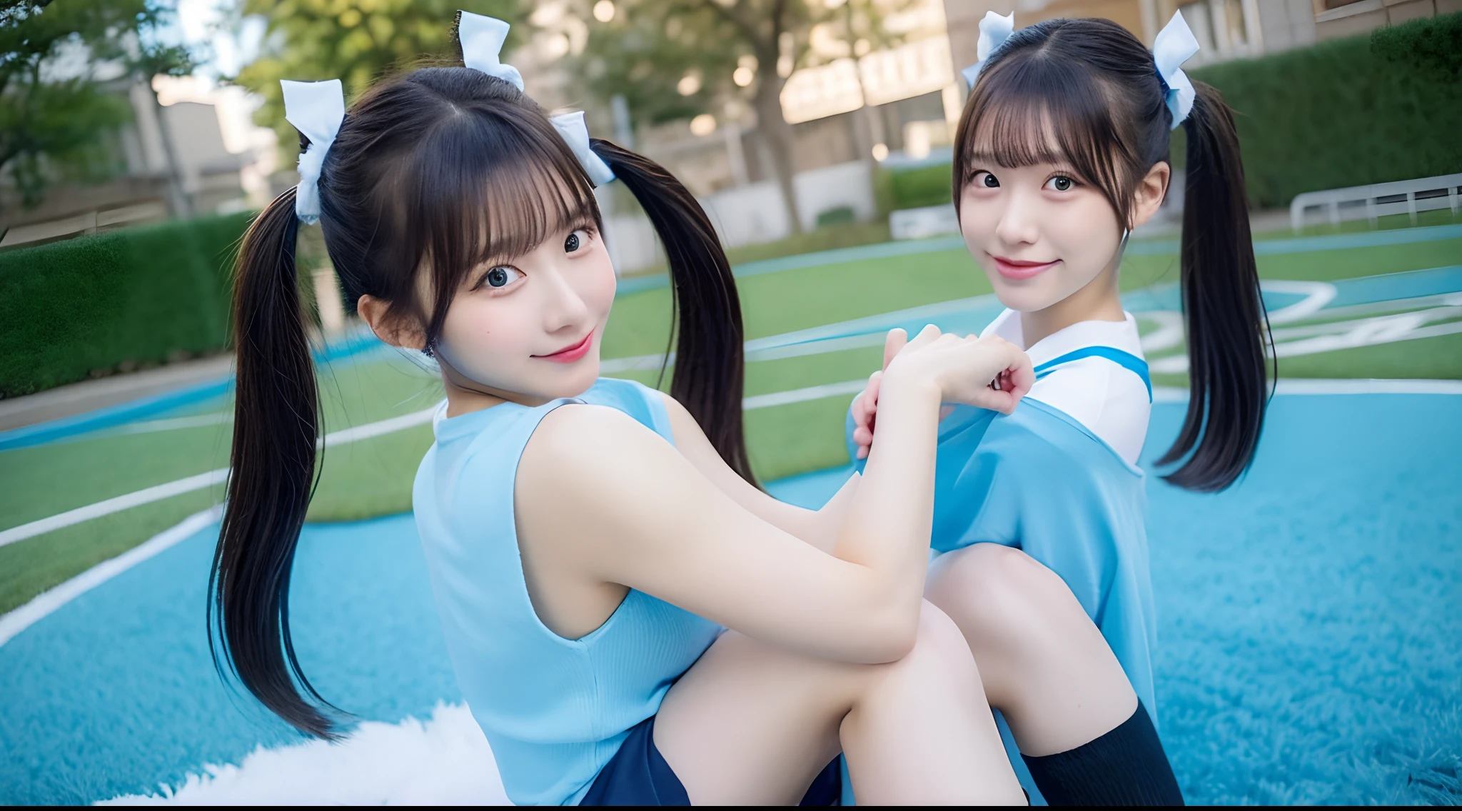 18-year-old cheergirl in a light blue miniskirt(poneyTail)