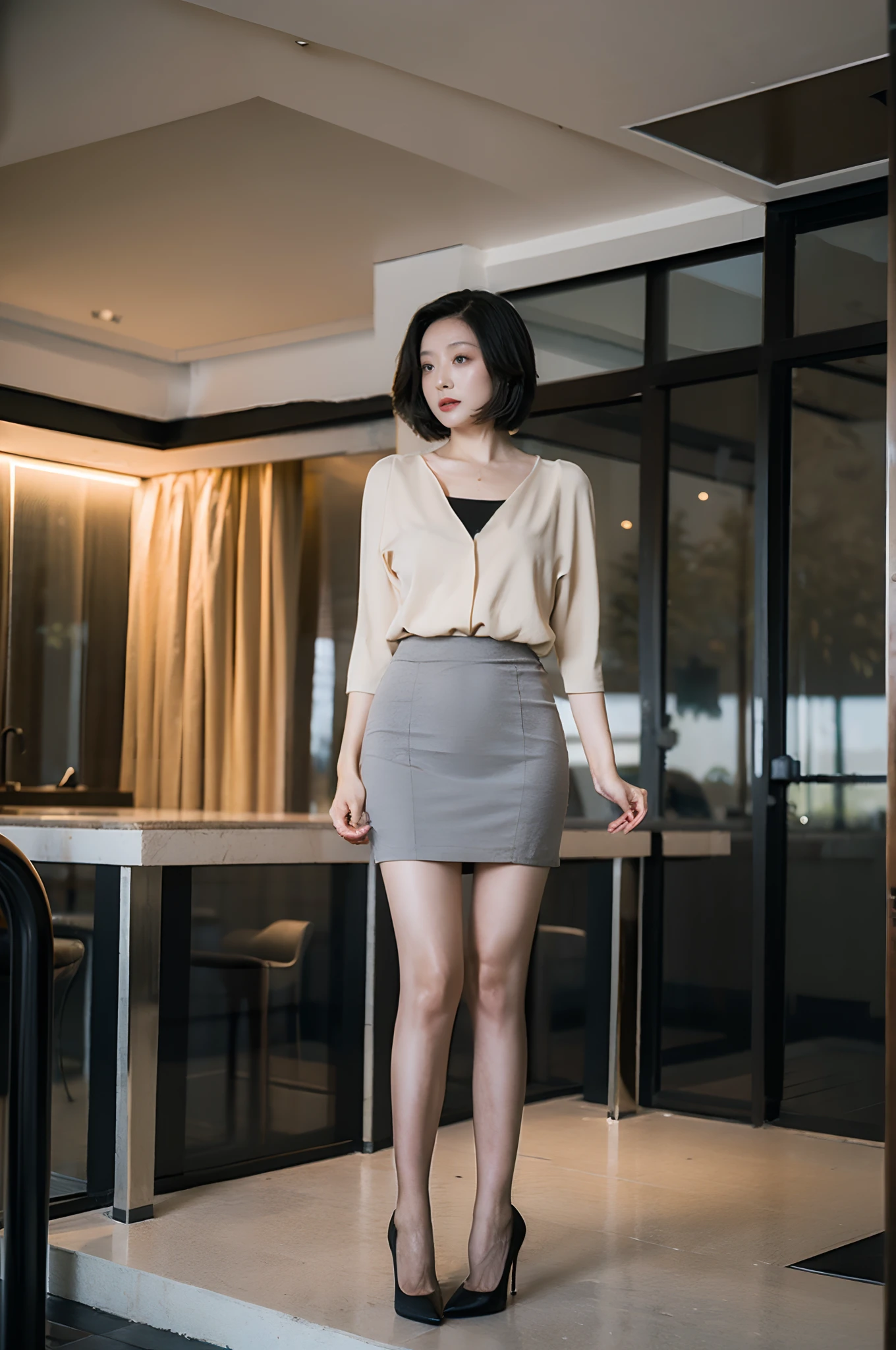 Best quality,Masterpiece,超高分辨率,(Realisticity:1.4),Original photo,Cinematic lighting,
ung girl,Stiletto heels,Short skirt with single neck,largeeyes,standing on your feet,short detailed hair,In the daytime,Long legs,fully body photo,Seductive expressions,On the lawn,Gray pantyhose
