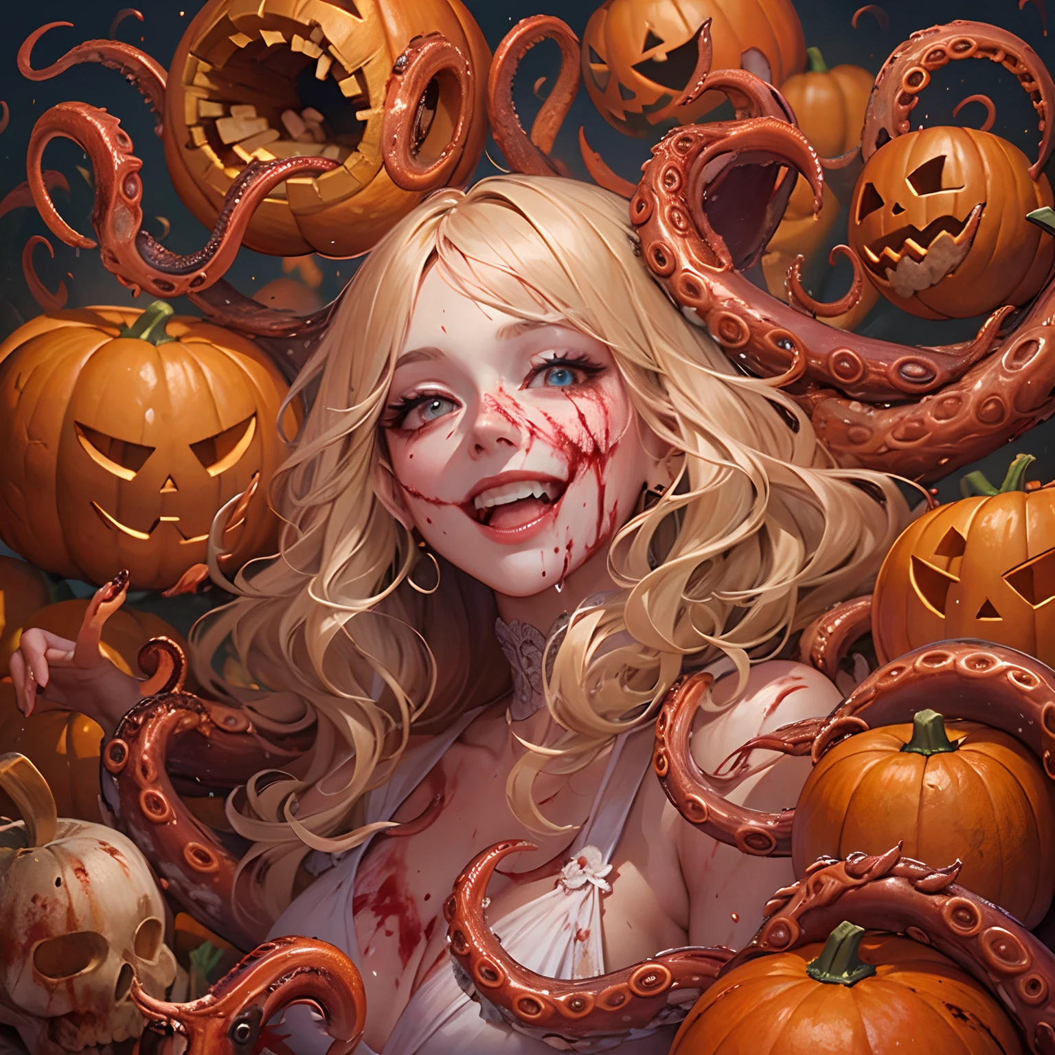 Blonde beauty with tentacles, growing out of the back,6 tentacles,Each tentacle breaks or crushes objects in different directions,Halloween, Around the pumpkin, end of the world,century,There are people around, who run away in fear々,Woman smiling,D-чашки,luxury,Doress,blood rain,bloody,Pools of blood,Masterpiece,higly detailed,Perfect composition,a perfect face,Perfect bodies,the golden ratio,8K