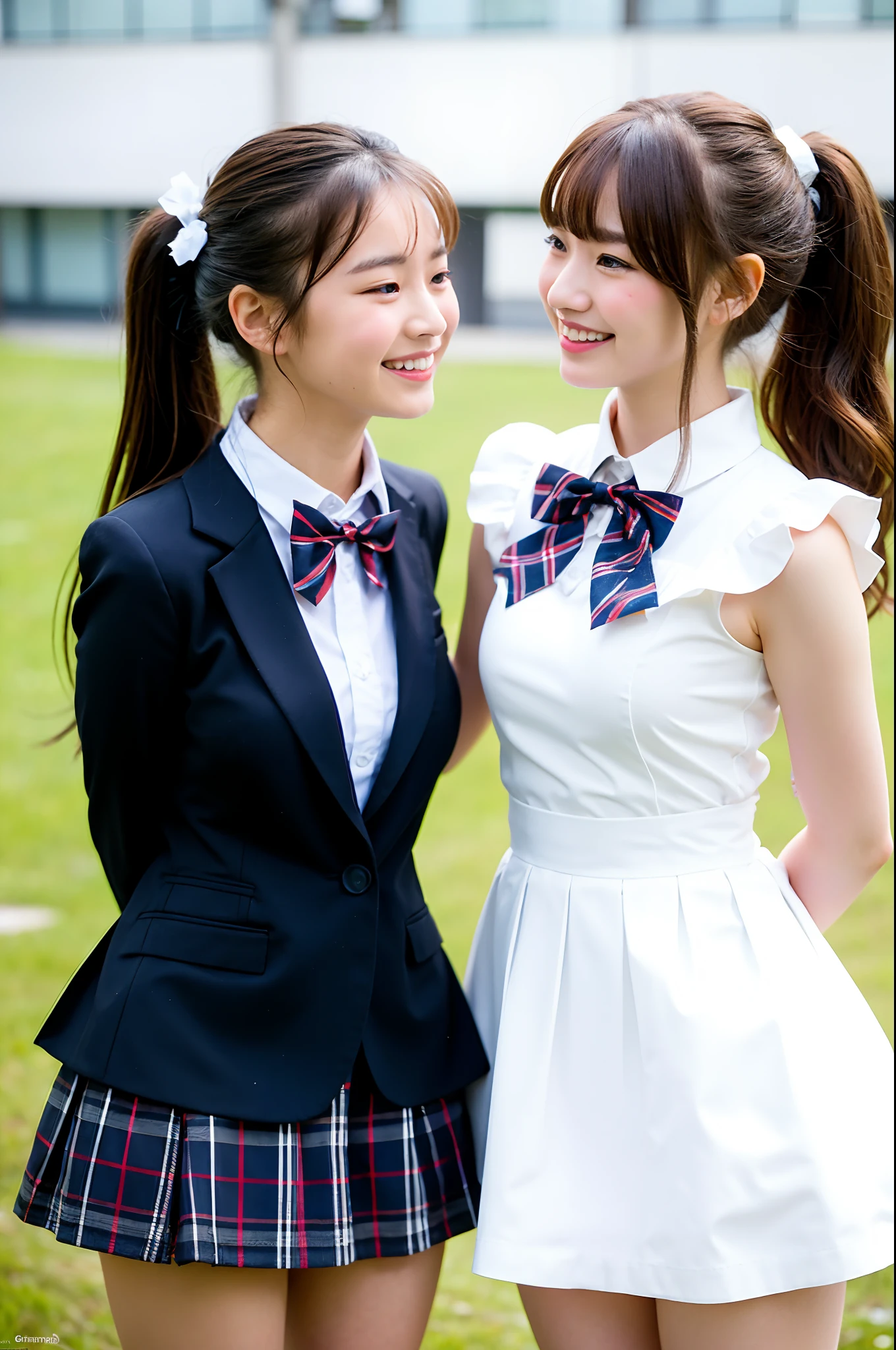 2 girls standing in cherry blossom school yard,navy blue jumperdress,white collar with red bow tie,white socks,18-year-old,bangs,a little smile,thighs,knees,short hair and low ponytails,from below,front light