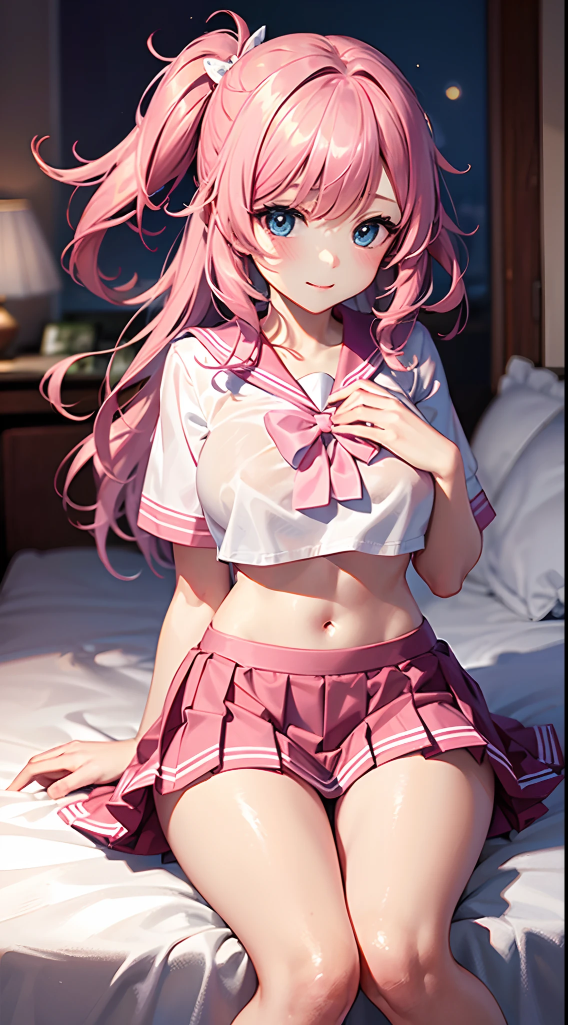 Beautiful illustration、top-quality、Cute s、Bedroom、A pink-haired、length hair、(((Pink pleated skirt)))、(((pink sailor suit)))、shortsleeves、Colossal tits、a navel、Flipping up the skirt with your hands、Show white panties、Pull up your skirt and show your panties、bare-legged、blue eyess、on the beds、lovely thighs、glowing thigh、floating hair, wind,