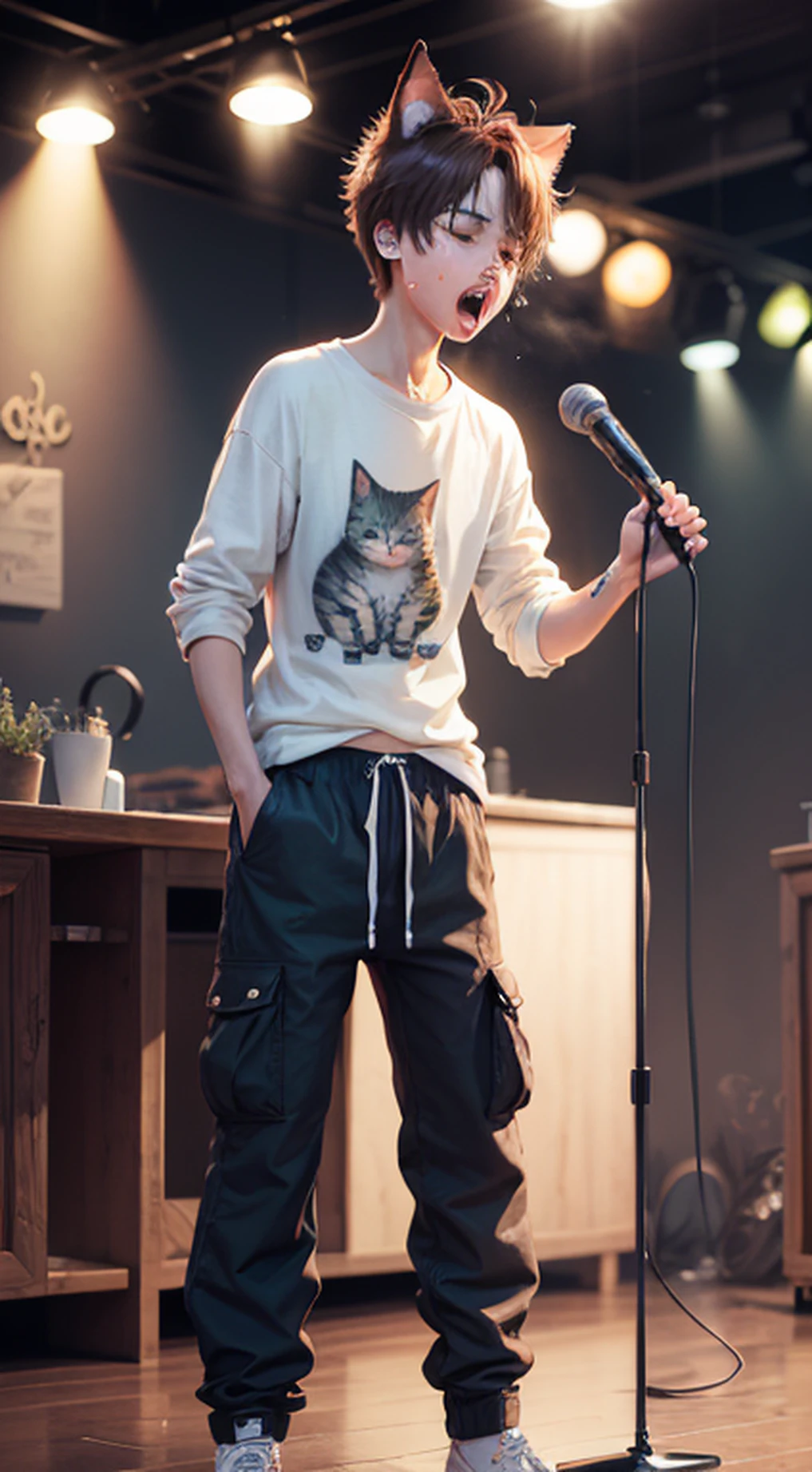 Crying emotional male cute cat standing with stand mic on the stage and singing with baggy pants and shirt show tear drops