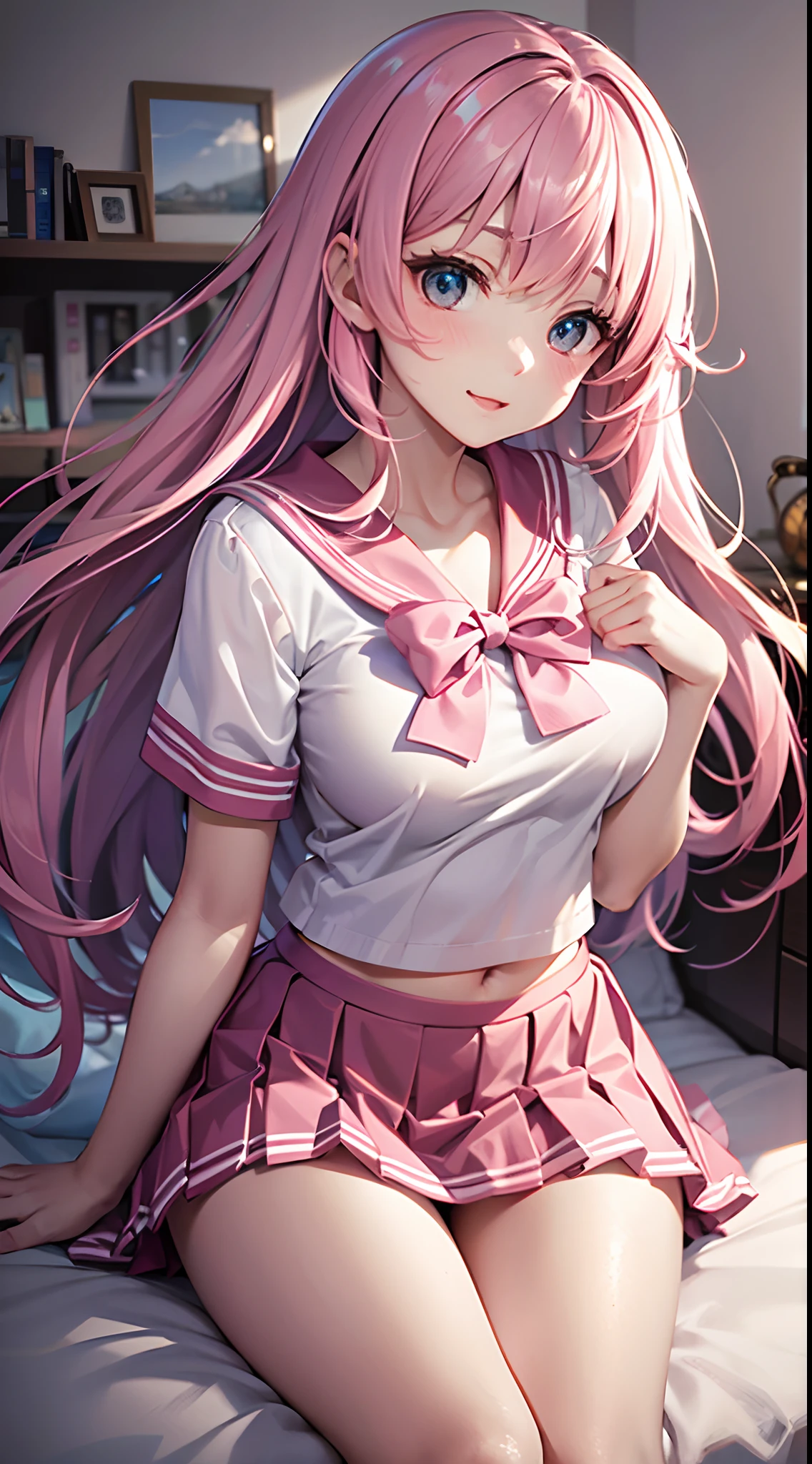 Beautiful illustration、top-quality、 s、Bedroom、A pink-haired、length hair、(((Pink pleated skirt)))、(((pink sailor suit)))、shortsleeves、Colossal tits、a navel、Flipping up the skirt with your hands、Show white panties、Pull up your skirt and show your panties、bare-legged、blue eyess、on the beds、lovely thighs、glowing thigh、Peeking from below