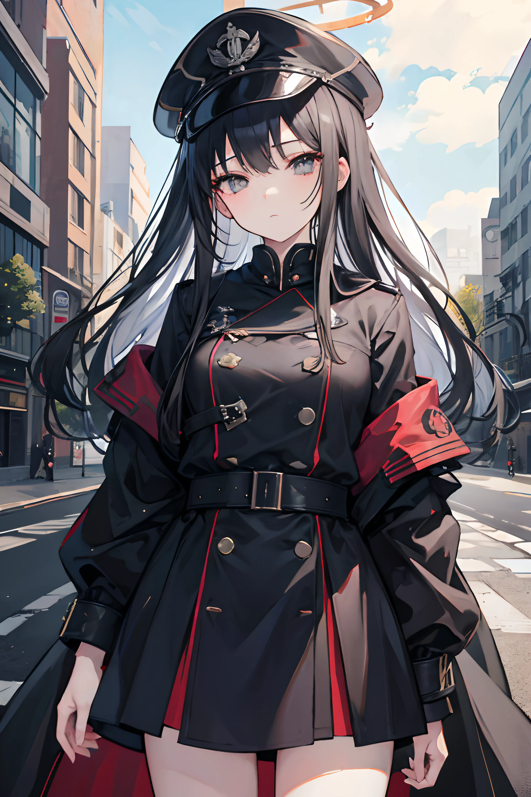 2D、​masterpiece、top-quality、extremely detailed eye、extra detailed face、女の子 1 人、独奏、is standing、Black trench coat、banya、Long、military outfits、Hats、grey  eyes、Straight face、Straight、Old guns、Circle of Angels、Halo、greyt hair、White armband、full bodyesbian、Semi-auto rifle