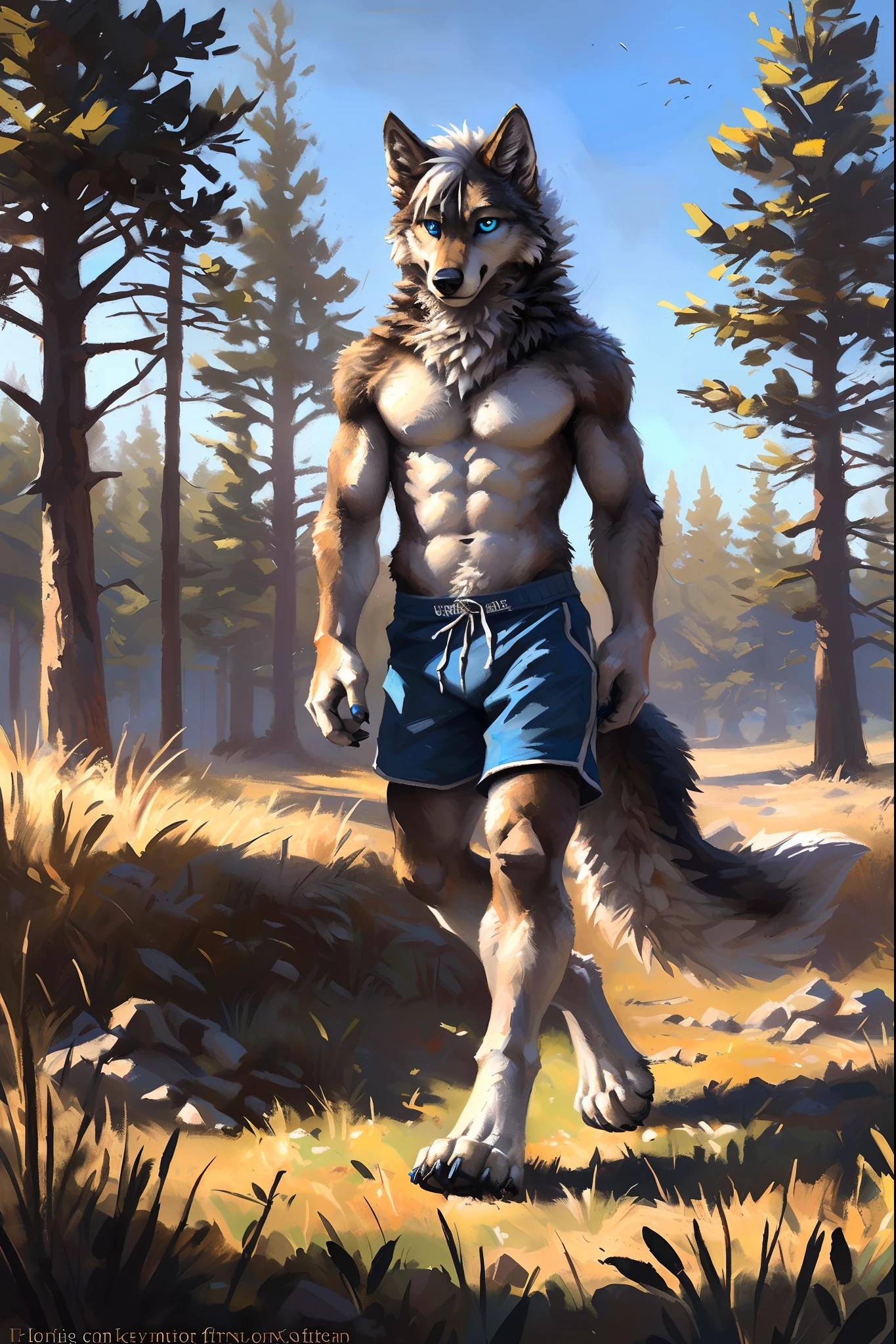 ((Solo)), male people, anthro wolf, (Multi-colored fur, White-brown:1.3,White tail pointed), ((Wolf face, White hair, Big eyes, White eyelids, Blue pupil, Slim:1.2) (Tough, Calm expression:1.2)), Abs, Slim, pinging)), (Correct anatomy), (Work shorts:1.1), The upper body is naked, (detailed outfits),A big tail,Feet,(Realistic fur, Detailed fur texture, labeled:1.3)), (Natural lighting), Photorealistic, Hyperrealistic, ultradetailed, by Kenket,Endless grasslands,There are no trees,There are no big stones,No artificiality,erect through,Running on