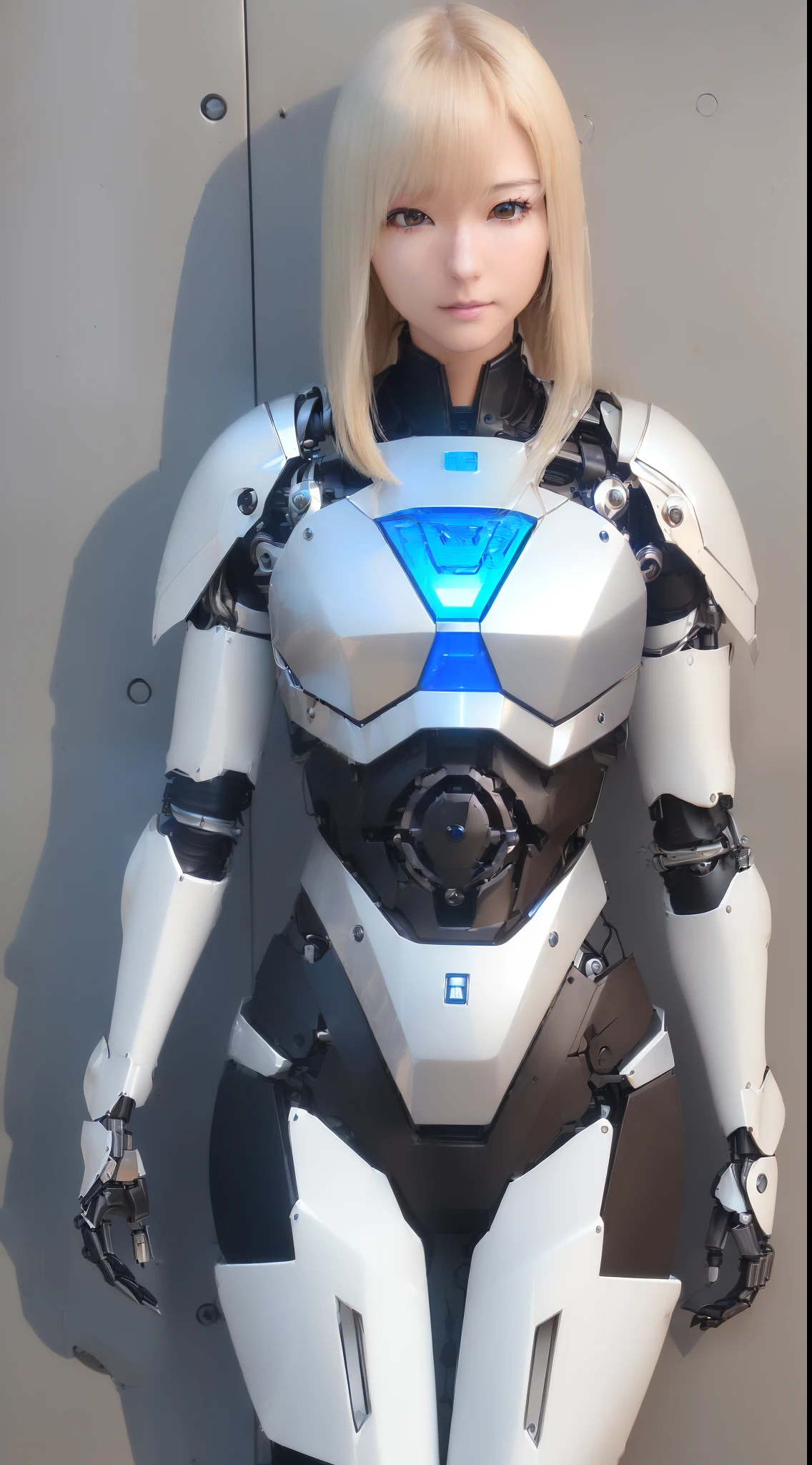 ((masutepiece)), ((top-quality), high quarity、ultra-definition, Realistic, (Ultra-fine face)、fulcolor 、scientific fiction、scrap、Robot Police Woman、droid、(Mechanical joints)、Machine body、(Parts of the machine)、Thick wire joints、White porcelain mechanical armor、(Curvaceous face)、deadpan、straight haired、((Electronic substrate))、