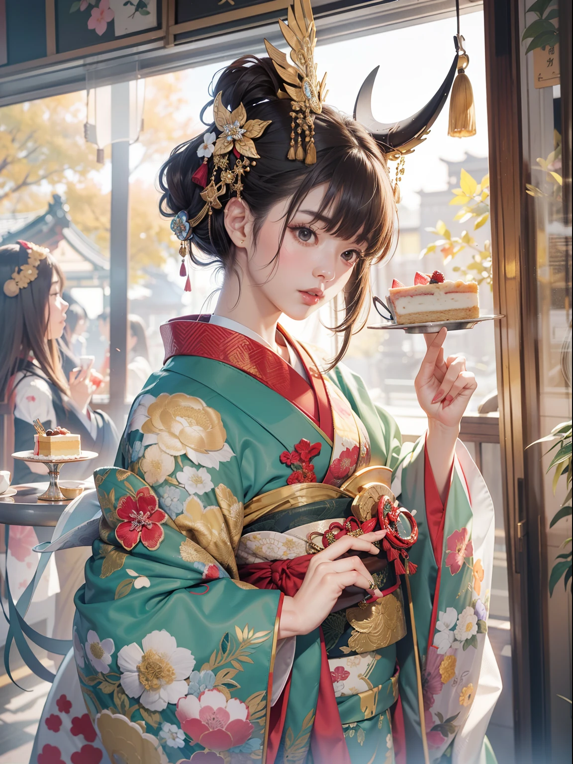 Detailed background(tea shop(The cityscape of Kyoto seen outside the window)),Laid on the table(a cake).Hold it in your right hand(cups&saucer),BREAK,Put it in your mouth(a cake),BREAK,elaborate costume{Luxury kimono(Colorful kimono(Detailed golden embroidery,))}、(Japanese Idol(actress):1.2)(face perfect:1.2),Depicting a beautiful and classy adult woman。glossy dark hair(poneyTail),Heart in the eye。 Wallpapers 16K, .Blur the background with a sickle,((masutepiece)), ((Best Quality)),{{a portrait photo of}},full body Esbian