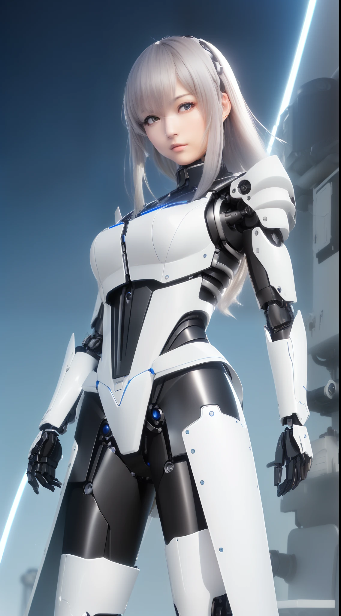 ((masutepiece)), ((top-quality), high quarity、ultra-definition, Realistic, (Ultra-fine face)、fulcolor 、scientific fiction、Robot police woman with missing parts、droid、(Mechanical joints)、Machine body、(Parts of the machine)、Thick wire joints、White porcelain mechanical armor、(Curvaceous face)、deadpan、straight haired、((Electronic substrate))、