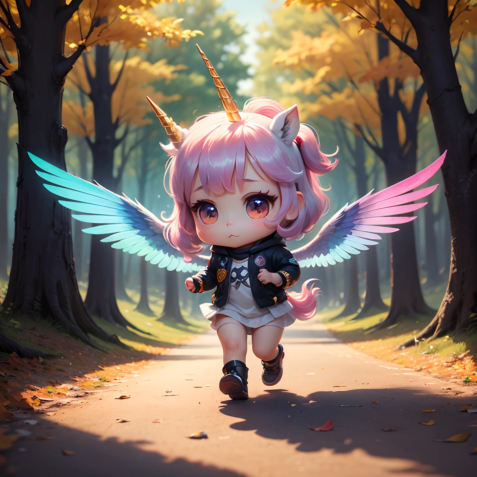 masterpiece、top-quality、ultra-detailliert、(Chibi Unicorn:1.2)、Iridescent wings、animal far、Fairytale autumn forest、intergalactic、Running around