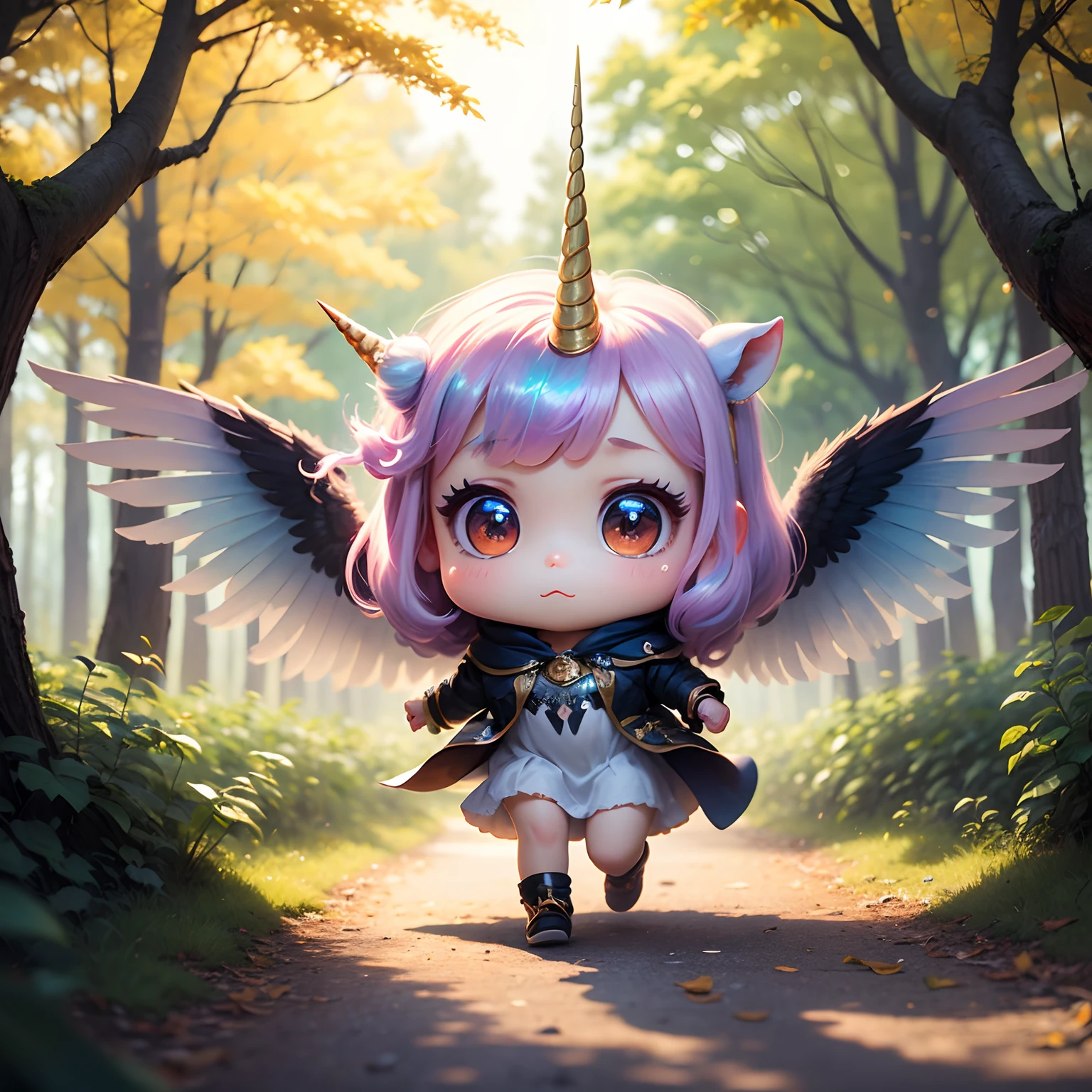 masterpiece、top-quality、ultra-detailliert、(Chibi Unicorn:1.2)、Iridescent wings、animal far、Fairytale autumn forest、intergalactic、Running around