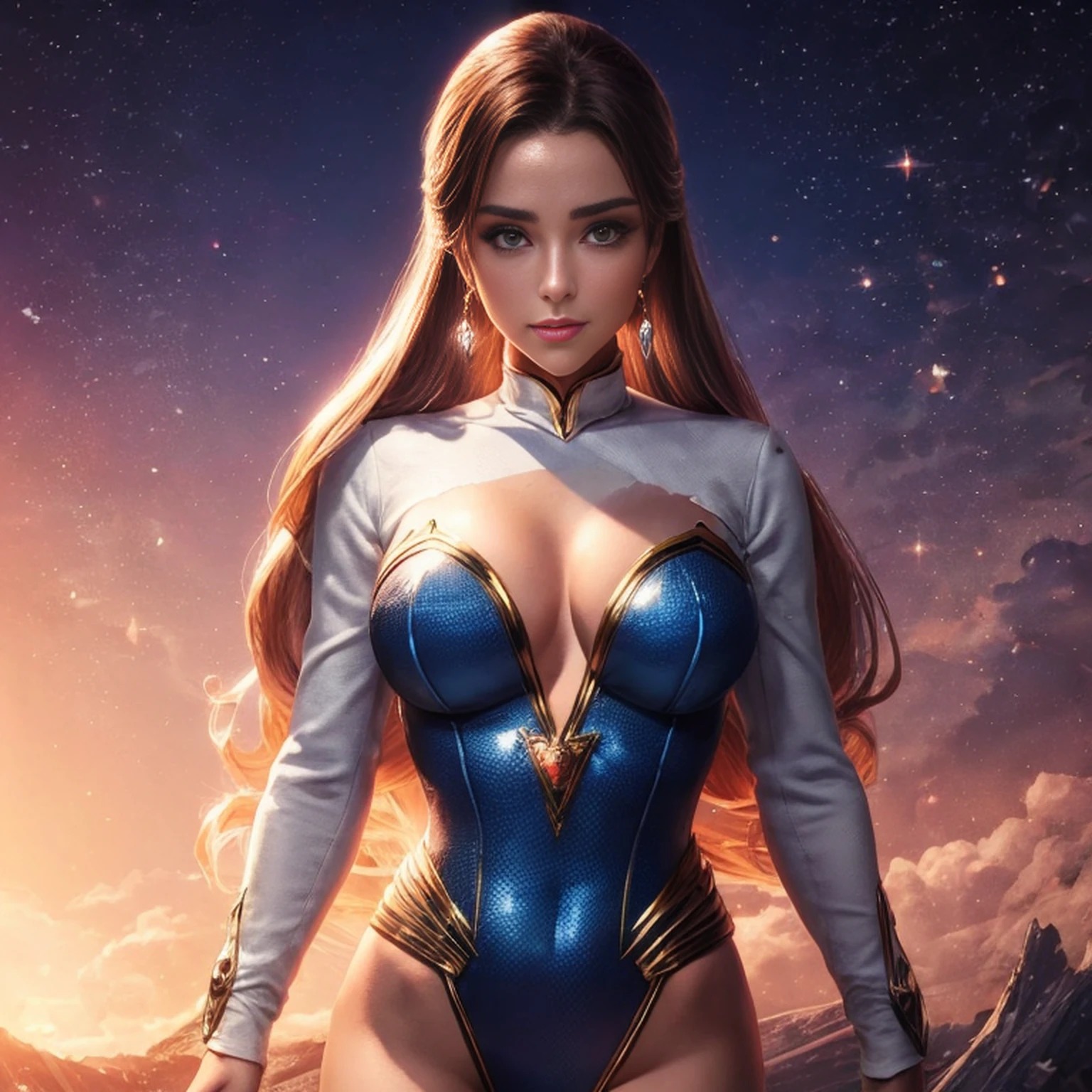 Uma mulher em uma fantasia cosplay de super-homem, com um comportamento sensual e sexy, He captures attention with his seductive gaze and flirtatious smile. Seu figurino detalhado exibe designs intrincados e cores vibrantes, Reminiscent of a high-quality Artstation illustration. The woman's flawless skin and perfectly combed hair exude a sense of glamour and elegance. The image is captured with a smooth and continuous finish, highlighting every intricate detail with sharp focus. The resolution is set at an impressive 8K, ensuring breathtaking clarity and realism. The lighting accentuates the woman's features, casting soft shadows that add depth to the overall composition. The color palette is bold and vibrant, com uma mistura de vermelho vibrante, azul, e tons amarelos, much like the iconic Superman costume. Geral, This work of art is a masterpiece of seductive allure and impeccable attention to detail, mostrando a beleza cativante da mulher de uma maneira altamente realista e visualmente deslumbrante.