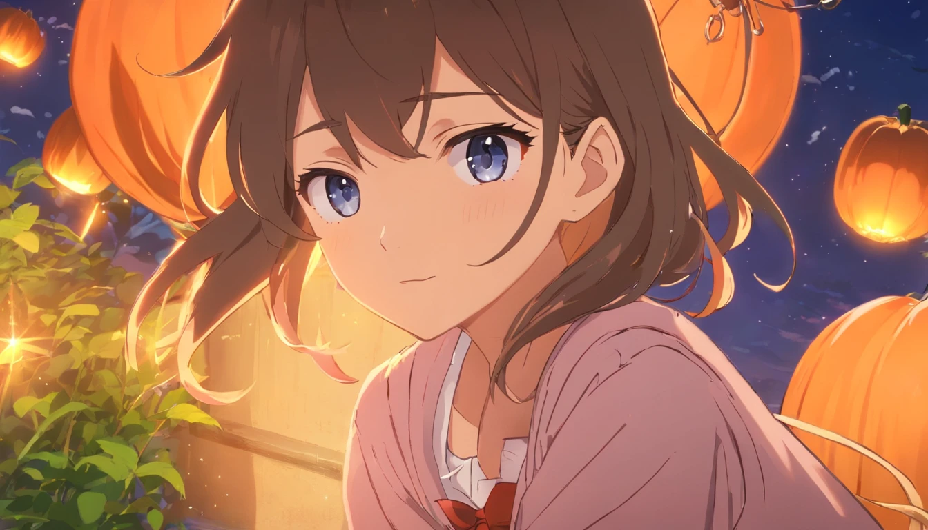 (masuter piece)、(best qualtiy)、(super detailing)、(well-groomed hair)、(illustratio)、(1girl in)、(detailedbackground)、Beautiful detailed eyes、Delicate beautiful face、(High color saturation)、Focus on the face、A dark-haired、bangss、movement、shorth hair、pixiv illustration、best qualtiy、super detailing、美丽的面容、4K、Clair、top-quality、beautidful eyes、Moist eyes、Blush cheeks、in 8K、The Light Shines、Happy look、Extremely beautiful scenery、A refreshing breeze blows、serious facial expression、Concentration、amazing composition、Halloween、Cosplay、Parti、Midnight、squash