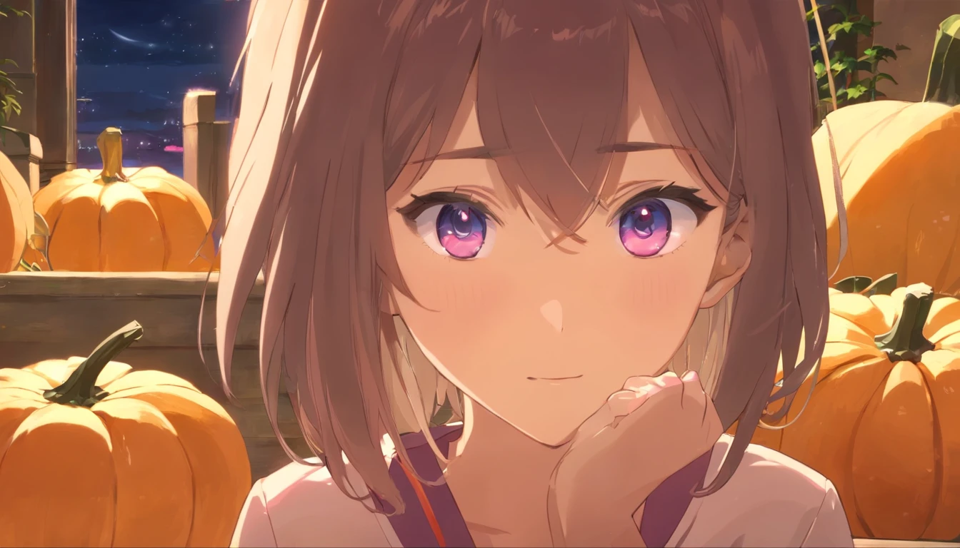 (masuter piece)、(best qualtiy)、(super detailing)、(well-groomed hair)、(illustratio)、(1girl in)、(detailedbackground)、Beautiful detailed eyes、Delicate beautiful face、(High color saturation)、Focus on the face、A dark-haired、bangss、movement、shorth hair、pixiv illustration、best qualtiy、super detailing、美丽的面容、4K、Clair、top-quality、beautidful eyes、Moist eyes、Blush cheeks、in 8K、The Light Shines、Happy look、Extremely beautiful scenery、A refreshing breeze blows、serious facial expression、Concentration、amazing composition、Halloween、Cosplay、Parti、Midnight、squash