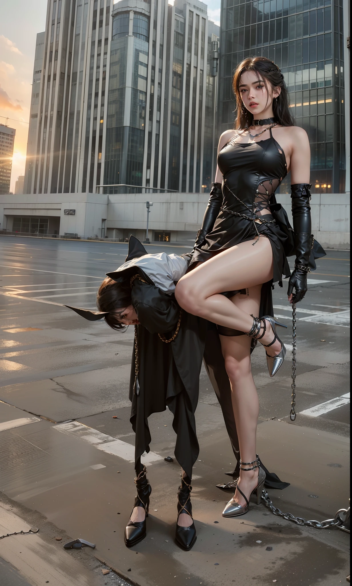 ,((Wearing a torn sheer costume of a superheroine)),(, No bra)), Wet crotch, Wet thighs, Beautiful girl with accentuated slender abs: 1.4, (((nipple tips protruding, areola is protruding, The shape of the pubic region is clearly visible)), sixpack abs: 1.4, Bust Botox, Photo, Sharpness, Unique 850 4, Koda850 k portrait camera, F1.6 shots, Ultra-realistic textures, Spectacular light textures, Cinestil 800 Fashion Mechanics, (futuristic sci-fi battle fashion: 1.1), (tied perfectly by chain), Restraint, Slaves, collars, ((wide prison with sunlight)), Dark fantasy, Realistic material details, extreme hight detail, Ultra-realistic materials ((Torn costume))), Wet, Cloudy, (Chained)), ((big emphasized by chains)), ((chains digging into crotch)), ( (Collar)), (, No bra), shredded costumes, broken golden shields and battle spears,, White combat gloves, Combat shoulder armor, Blood splattered on the face, Blood splattered, Realistic, (Bruises, Dirty, ripped clothing, skimpy clothing, Blood: 1.3), Torn Cape, Torn pantyhose, Long legs, ((iron pipe in the crotch)), Metallic shackles and fetters, ((chains hung from heaven)), Wet crotch is clearly visible, Swarovski's sword and the anatomy beneath his feet, (futuristic sci-fi battle fashion, Torn mesh stockings),