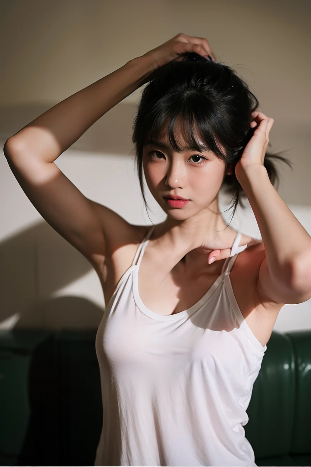(masterpiece:1.2,best quality,realistic),(1 girl,solo:1.4),asian,(tying her hair:1.2) , naughty eyes, tank top,
