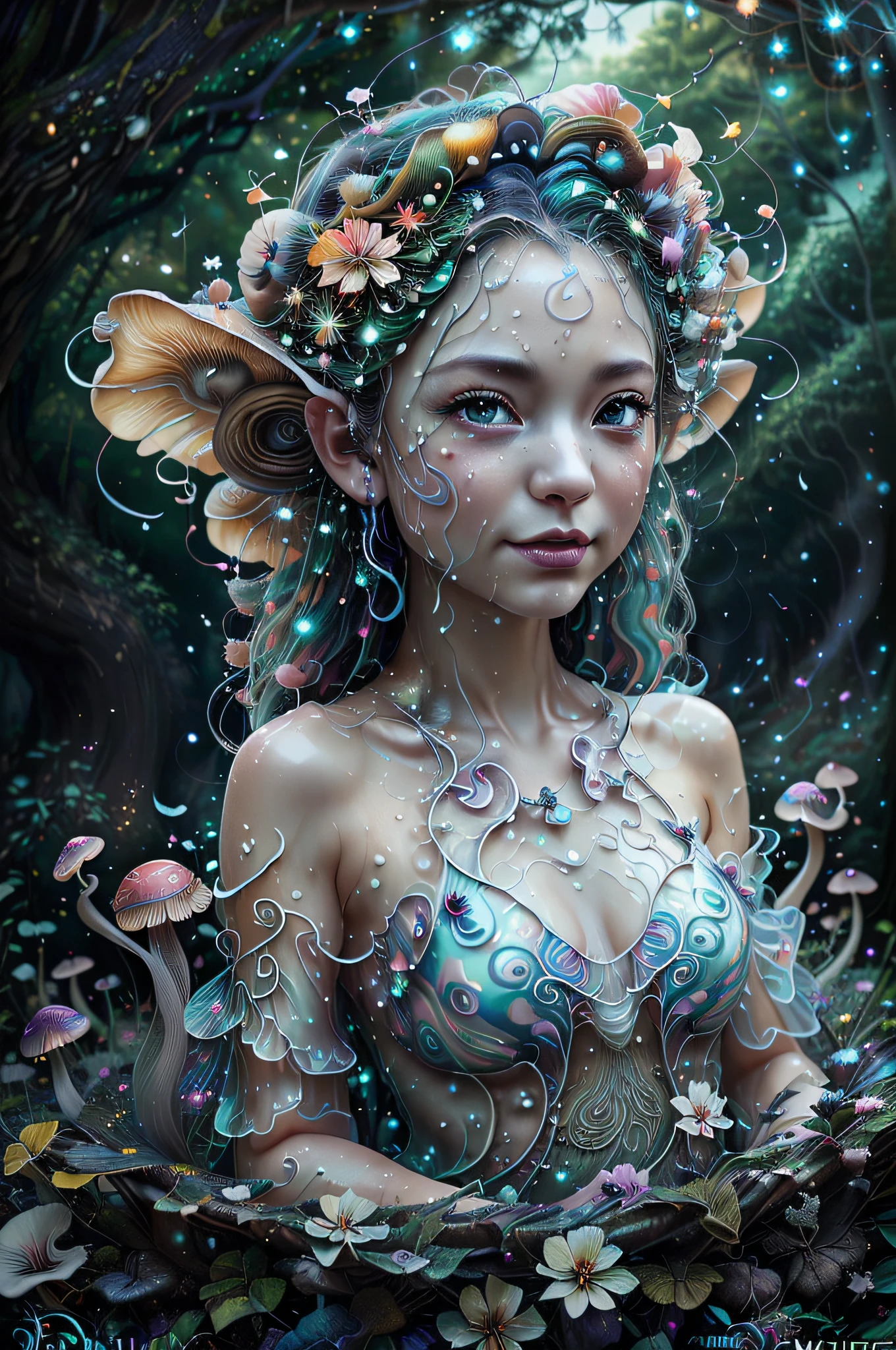 (Swirling clouds and colorful flowers and mushrooms), (forest fireflies,) fantasy Japanese Fairy tale world), big transparent fairy wings, (perfect anime face), mischievous grin, dreamy wet eyes, perfect hands, (midnight), (Irregular), (mysterious), (ridiculous), dreamy, disney, t shirt design, vector,