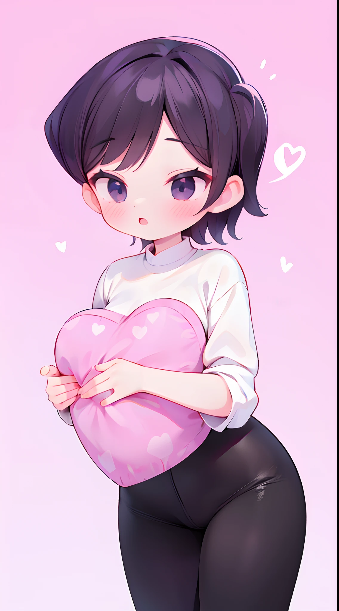Komi Shuuko,A MILF，hugging pillow，Back view，D cup，slimfigure，black long dress，skinny pants，long trousers，The shirt，Simetall，Hell Whisperer style,Lots of pink hearts，Love background，Fleshy thighs，highly rendered，detailed face with