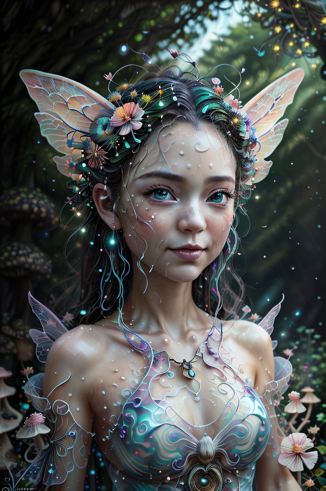 (Swirling clouds and colorful flowers and mushrooms), (forest fireflies,) fantasy Japanese Fairy tale world), big transparent fairy wings, (perfect anime face), mischievous grin, dreamy wet eyes, perfect hands, (midnight), (Irregular), (mysterious), (ridiculous), dreamy, disney, t shirt design, vector,