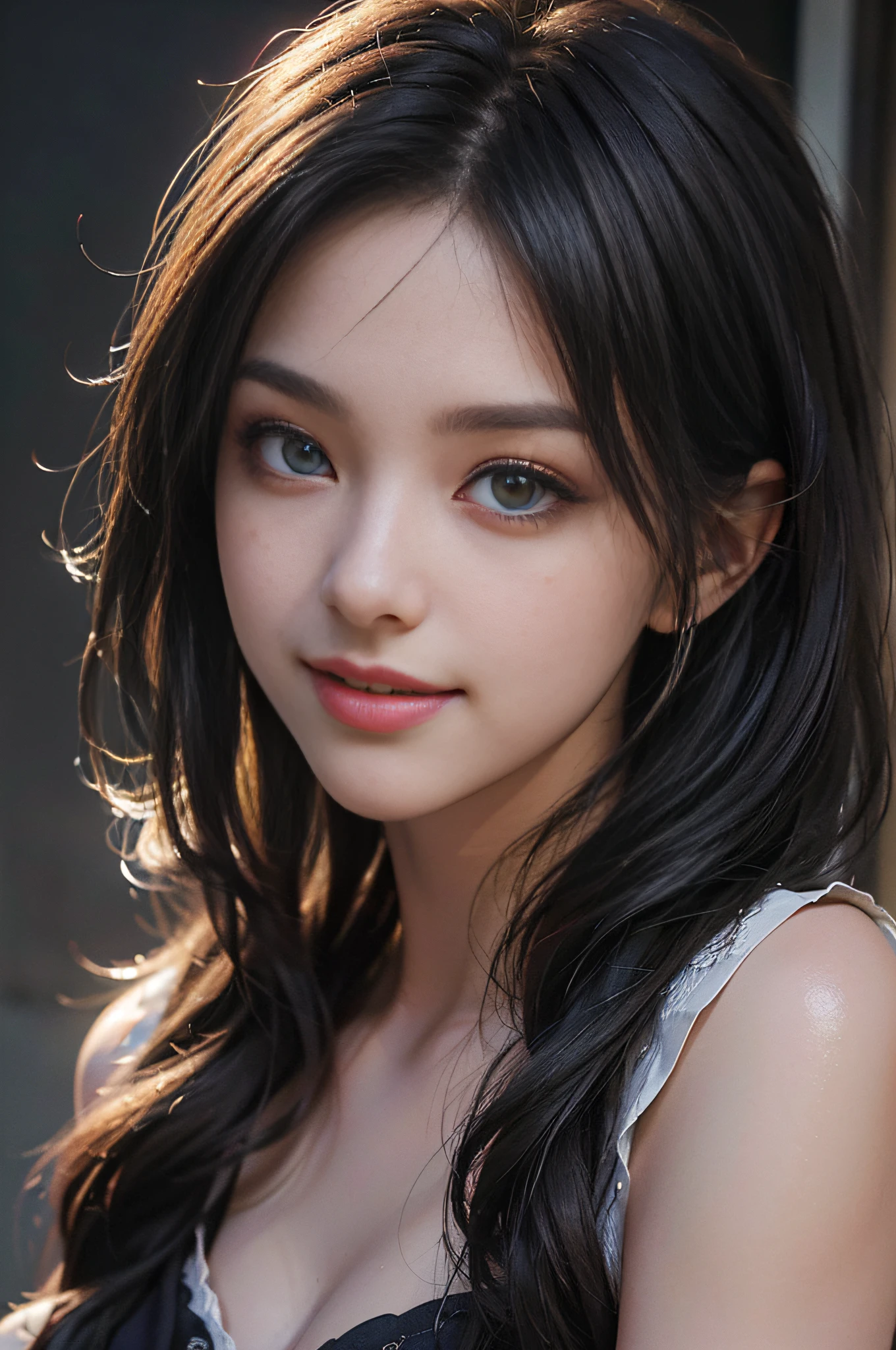 ultra high res, masterpiece, best quality, perfect glossy shiny skins, perfect lighting, detailed lighting, dramatic shadows, ray tracing, blue Eyes, sharp face, sharp eyes, long bangs, open mouse,