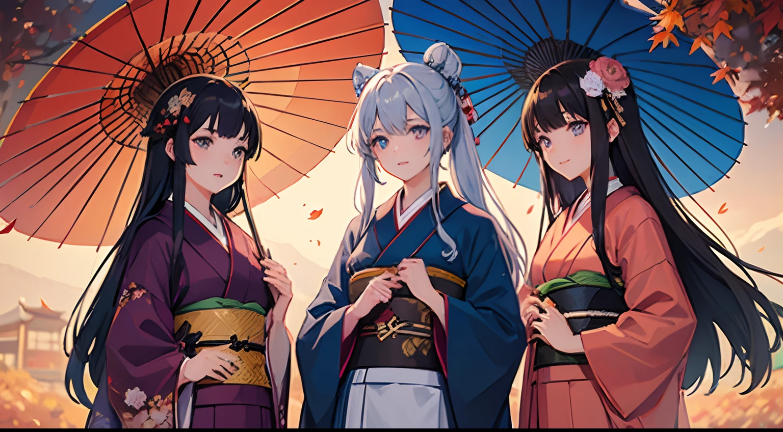 3 girls go to the fuji kawaguchiko autumn festival, wearing kimonos, best quality ,highly detailed, masterpiece, ultra-detailed, one is looking at the falling autumn leaves, the other two are talking, laughing with each other, one a person with iridescent blue eyes, long white hair, holding a traditional Japanese umbrella, a person with blue-violet eyes, long light pink hair tied with a flower-shaped hairpin, a person with harmonious red eyes, shiny black hair, holding a small hand fan. autumn leaves scene, 4k ultra.