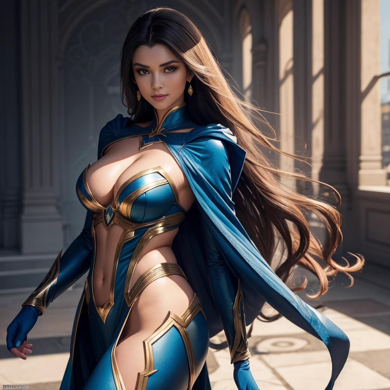 Uma mulher em uma fantasia cosplay de super-homem, com um comportamento sensual e sexy, He captures attention with his seductive gaze and flirtatious smile. Seu figurino detalhado exibe designs intrincados e cores vibrantes, Reminiscent of a high-quality Artstation illustration. The woman's flawless skin and perfectly combed hair exude a sense of glamour and elegance. The image is captured with a smooth and continuous finish, highlighting every intricate detail with sharp focus. The resolution is set at an impressive 8K, ensuring breathtaking clarity and realism. The lighting accentuates the woman's features, casting soft shadows that add depth to the overall composition. The color palette is bold and vibrant, com uma mistura de vermelho vibrante, azul, e tons amarelos, much like the iconic Superman costume. Geral, This work of art is a masterpiece of seductive allure and impeccable attention to detail, mostrando a beleza cativante da mulher de uma maneira altamente realista e visualmente deslumbrante.
