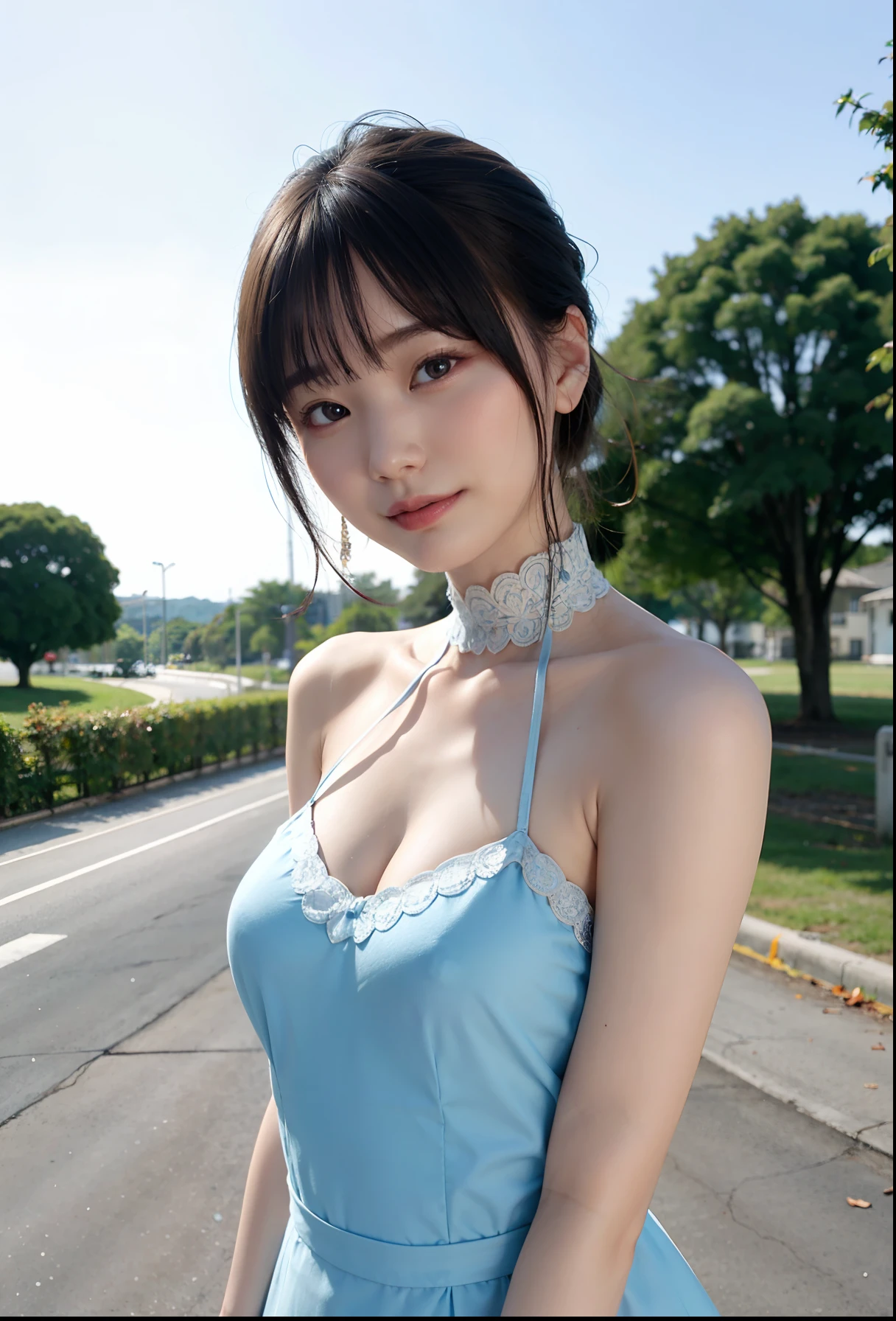 a woman posing on the street corner with light blue dress on、top-quality、女の子 1 a person、large full breasts、tag、with light glowing、Blur background、bokeh dof、outside of house、(street:0.8)、(a person々、crowd:1)、(lace-trimmed)doress:1.5、sleeveless dress、Water-colored suit、Light Blue High Neck Dress:1.2、Blue Dress:1.5)、a gorgeous(short-hair、forehead:1.2)、Beautiful sky with details、耳Nipple Ring、(dynamicposes:1.2)、 (The upper part of the body:0.8)、Soft lighting、the wind、glowy skin、a smile、((fullnude))、