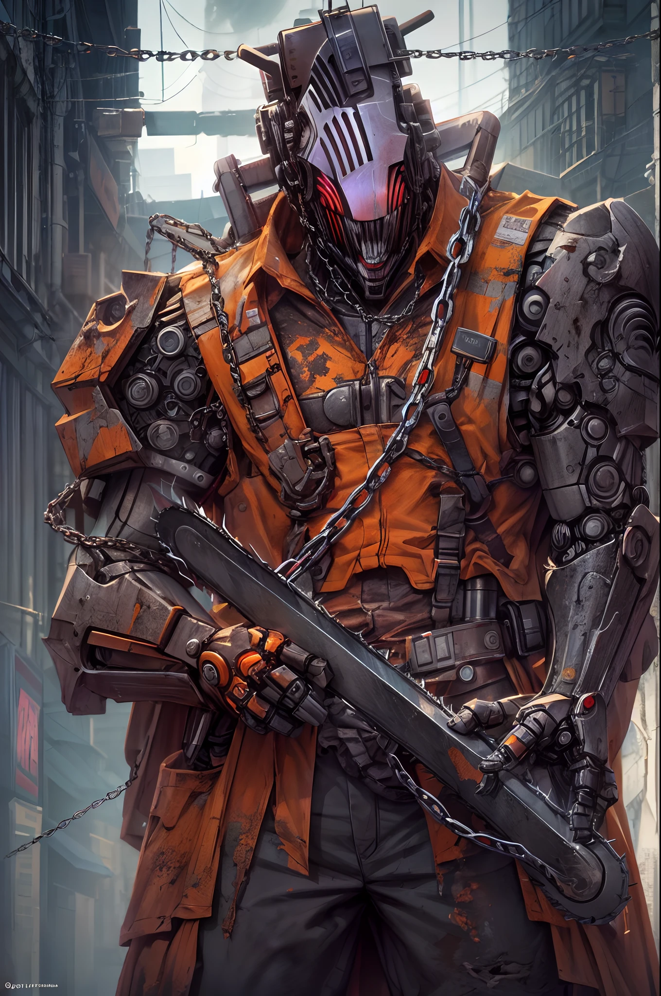 Dark_Fantasy,Cyberpunk,(chain saw,chain saw man,Red:1.1),1man,Mechanical marvel,Robotic presence,Cybernetic guardian, wearing a worn-out mech suit, intricate, (steel metal [rusty]), elegant, clear focus, shot by greg rutkowski, soft lighting, vibrant colors, masterpiece, ((street)), cowboy shot, dynamic pose,