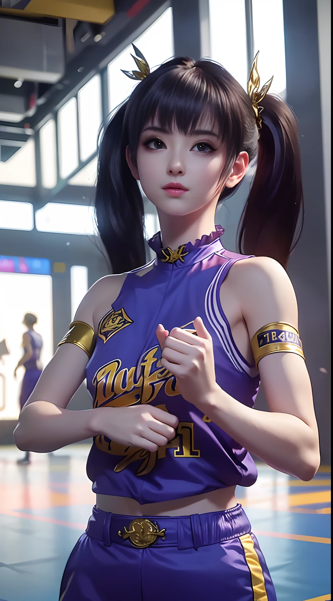 8k, Best Quality, Masterpiece: 1.2), (Realistic, Photorealistic: 1.37), Super Detailed, Best Quality, Super High Resolution, Professional Lighting, Photon Mapping, Radiosity, Physically Based Rendering, Cinematic Lighting , basketball court, depth of field, focus, sun rays, good composition, (bokeh: 1.2), 1 girl, (whole body), (closed mouth), beautiful eyes, pose, constriction, basketball uniform, black hair , messy hair, long hair blowing in the wind,(ulzzang-6500:1.2) mix4, hiqcgbody, large breasts, a littel sexy outfits