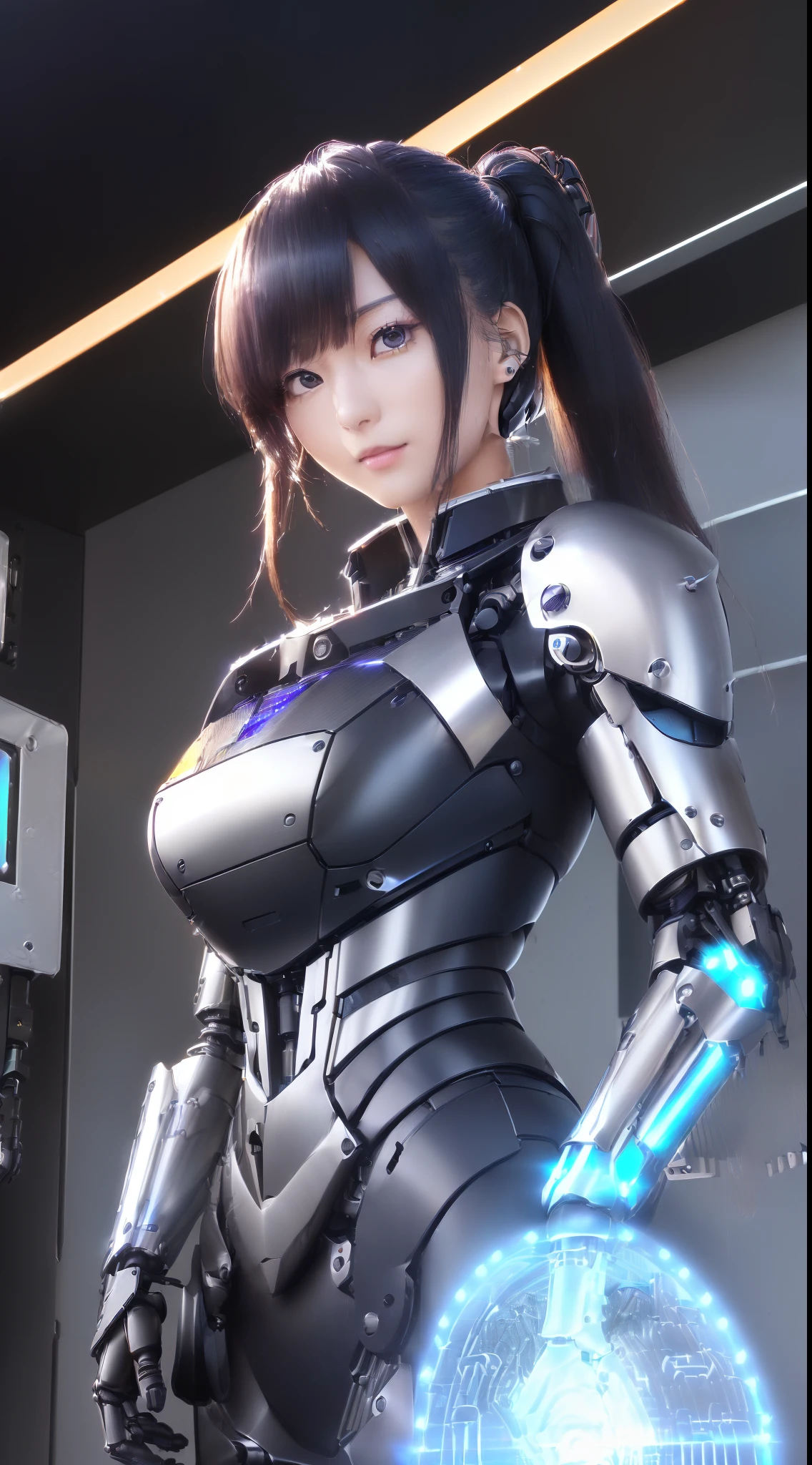 ((masutepiece)), ((top-quality), high quarity、ultra-definition, Realistic, (Ultra-fine face)、fulcolor 、scientific fiction、Robot Police Woman、droid、(Mechanical joints)、Machine body、(machine components)、Thick wire joints、Mechanical Armor、(Curvaceous face)、deadpan、straight haired、((Electronic substrate))、