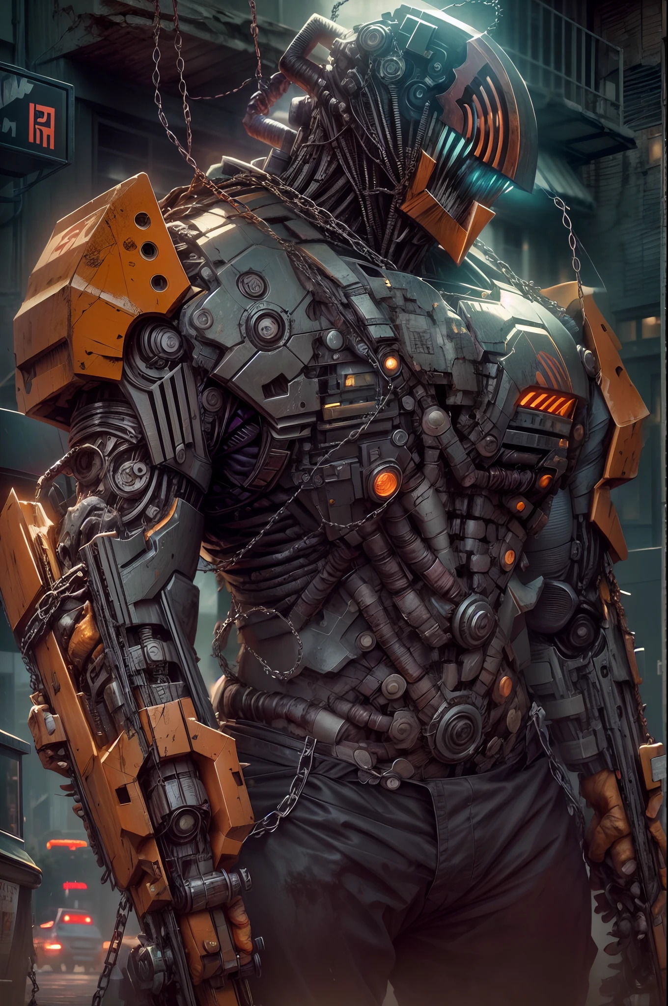 Dark_Fantasy,Cyberpunk,(chain saw,chain saw man,Red:1.1),1man,Mechanical marvel,Robotic presence,Cybernetic guardian, wearing a worn-out mech suit, intricate, (steel metal [rusty]), elegant, clear focus, shot by greg rutkowski, soft lighting, vibrant colors, masterpiece, ((street)), cowboy shot, dynamic pose,