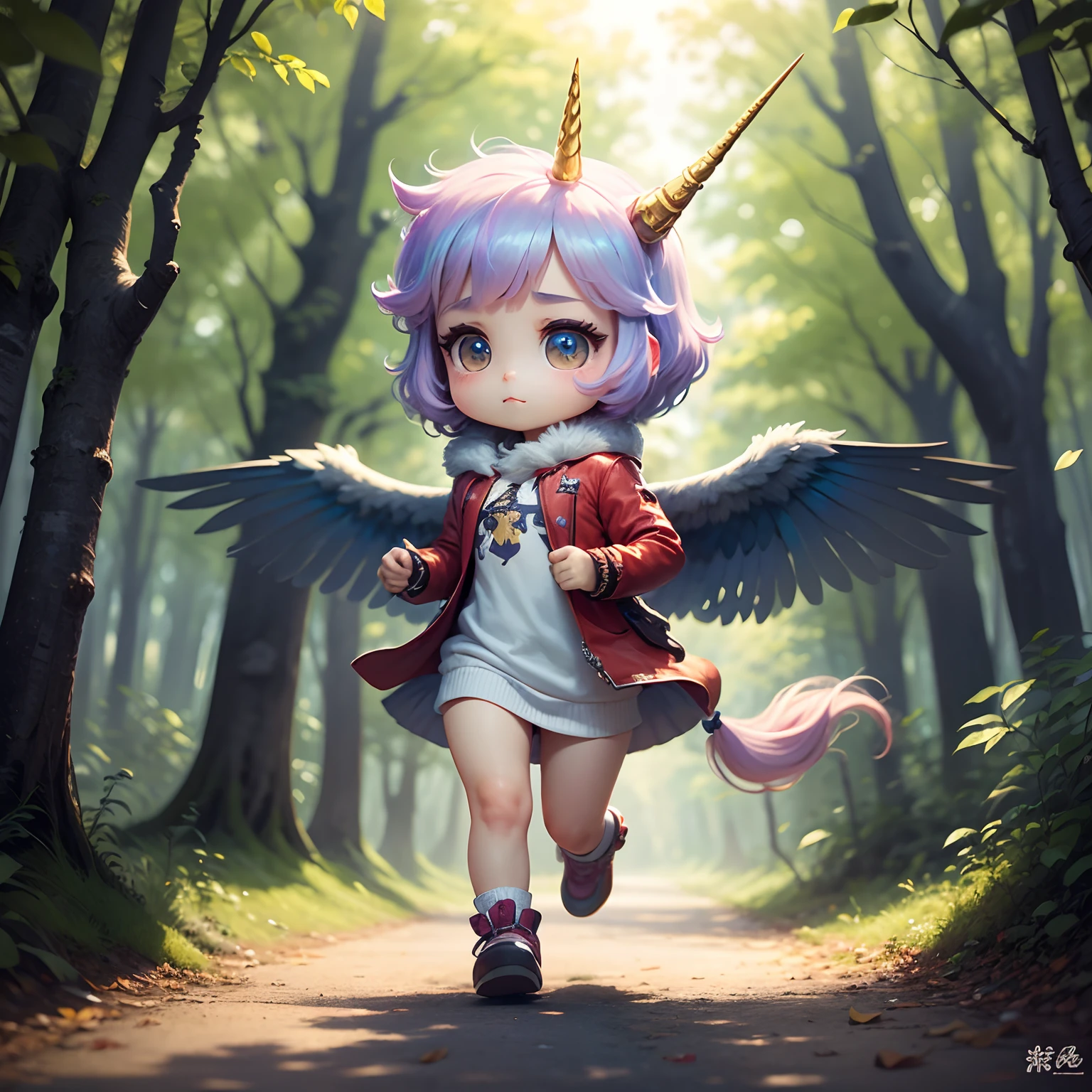 masterpiece、top-quality、ultra-detailliert、(Chibi Unicorn:1.2)、Iridescent wings、Hakuba、Animal Fur、Fairytale autumn forest、intergalactic、Running around
