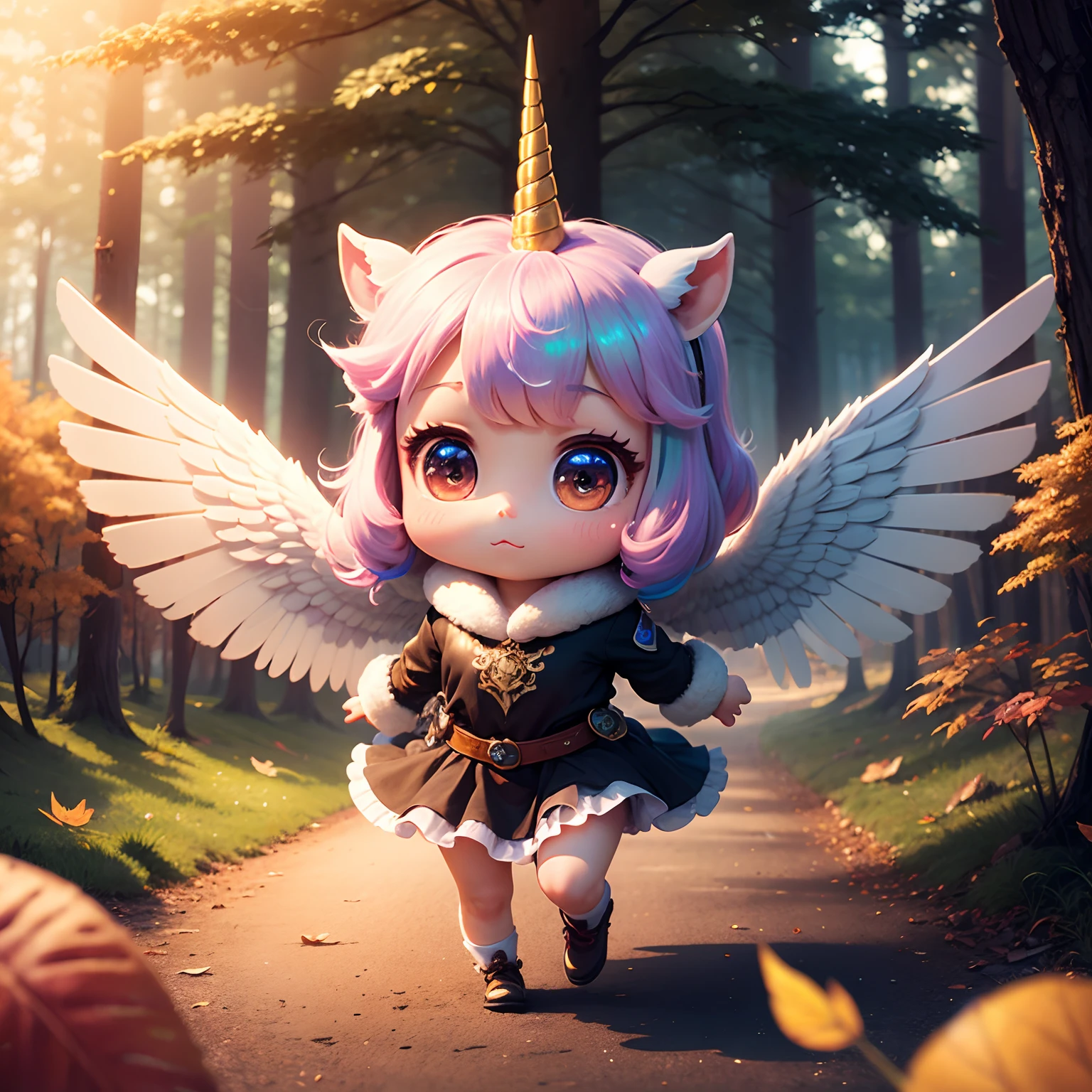 masterpiece、top-quality、ultra-detailliert、(Chibi Unicorn:1.2)、Iridescent wings、Hakuba、Animal Fur、Fairytale autumn forest、intergalactic、Running around